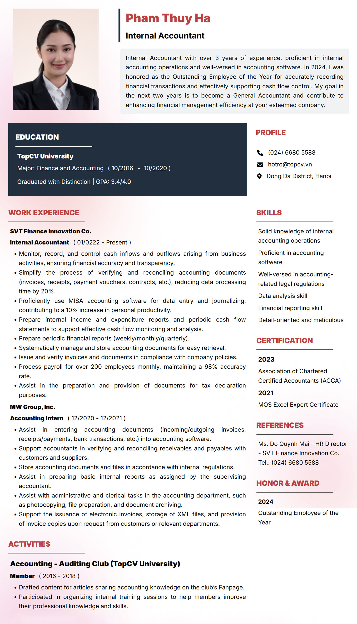 Mẫu CV Kế toán nội bộ tiếng Anh