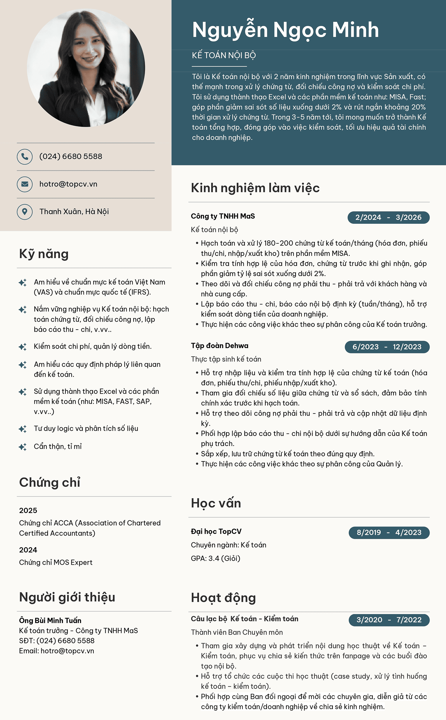 Mẫu CV Kế toán nội bộ tiếng Việt