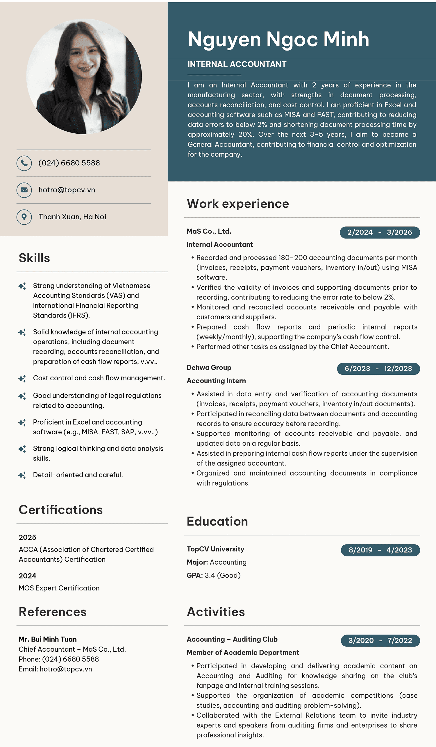 Mẫu CV Kế toán nội bộ tiếng Anh