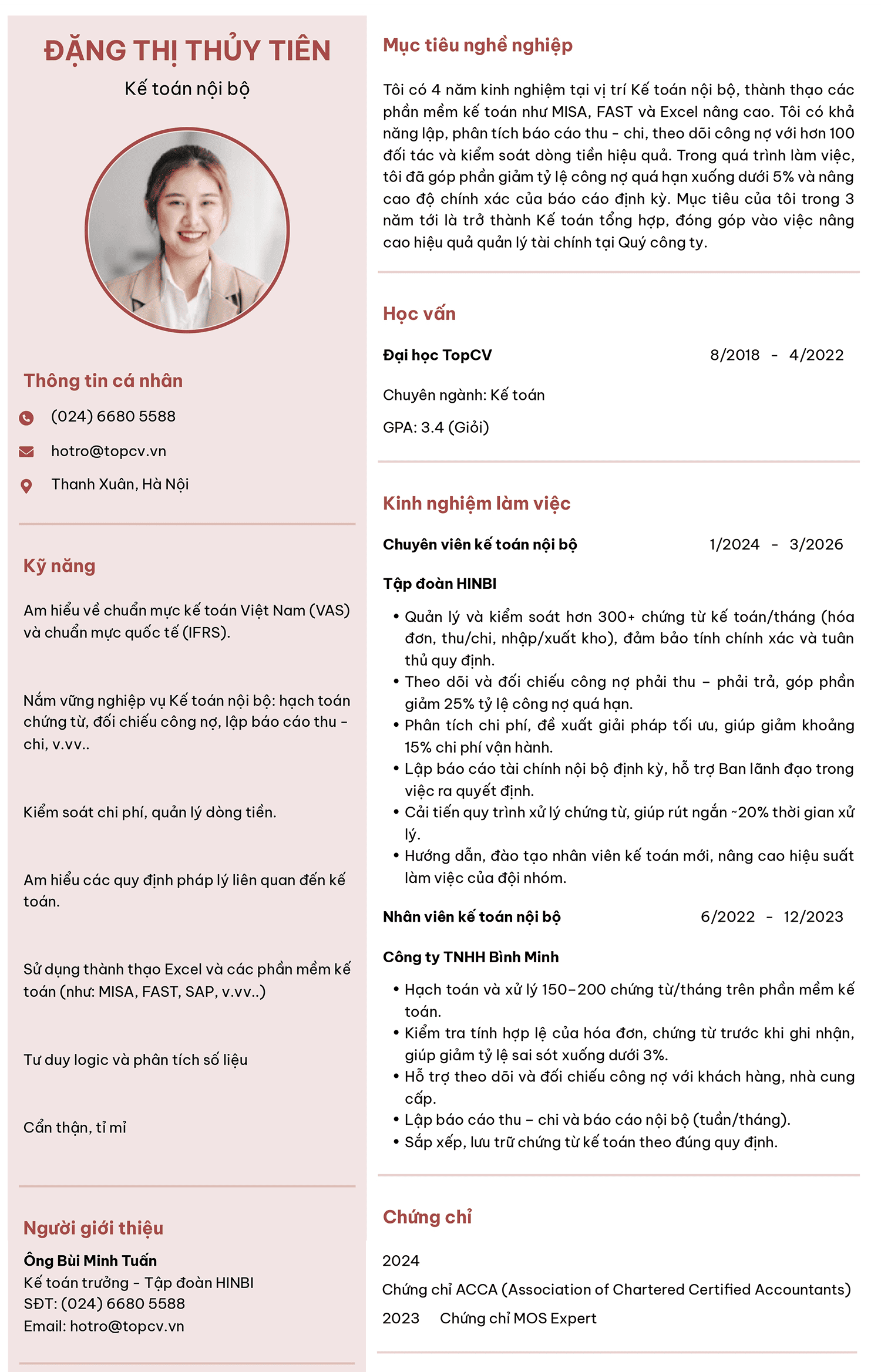Mẫu CV Kế toán nội bộ chuyên nghiệp