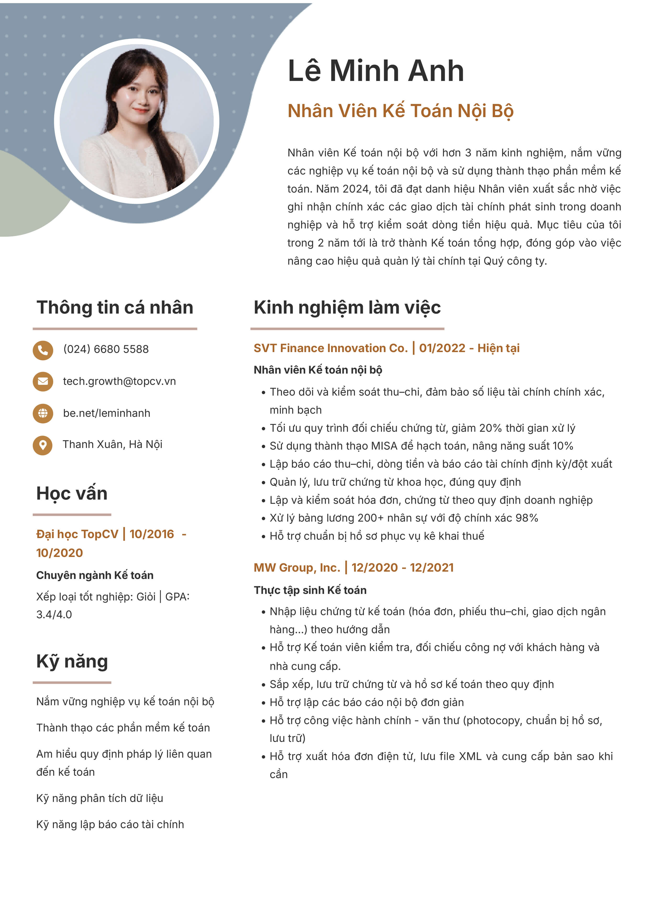 Mẫu CV Kế toán nội bộ tiếng Việt