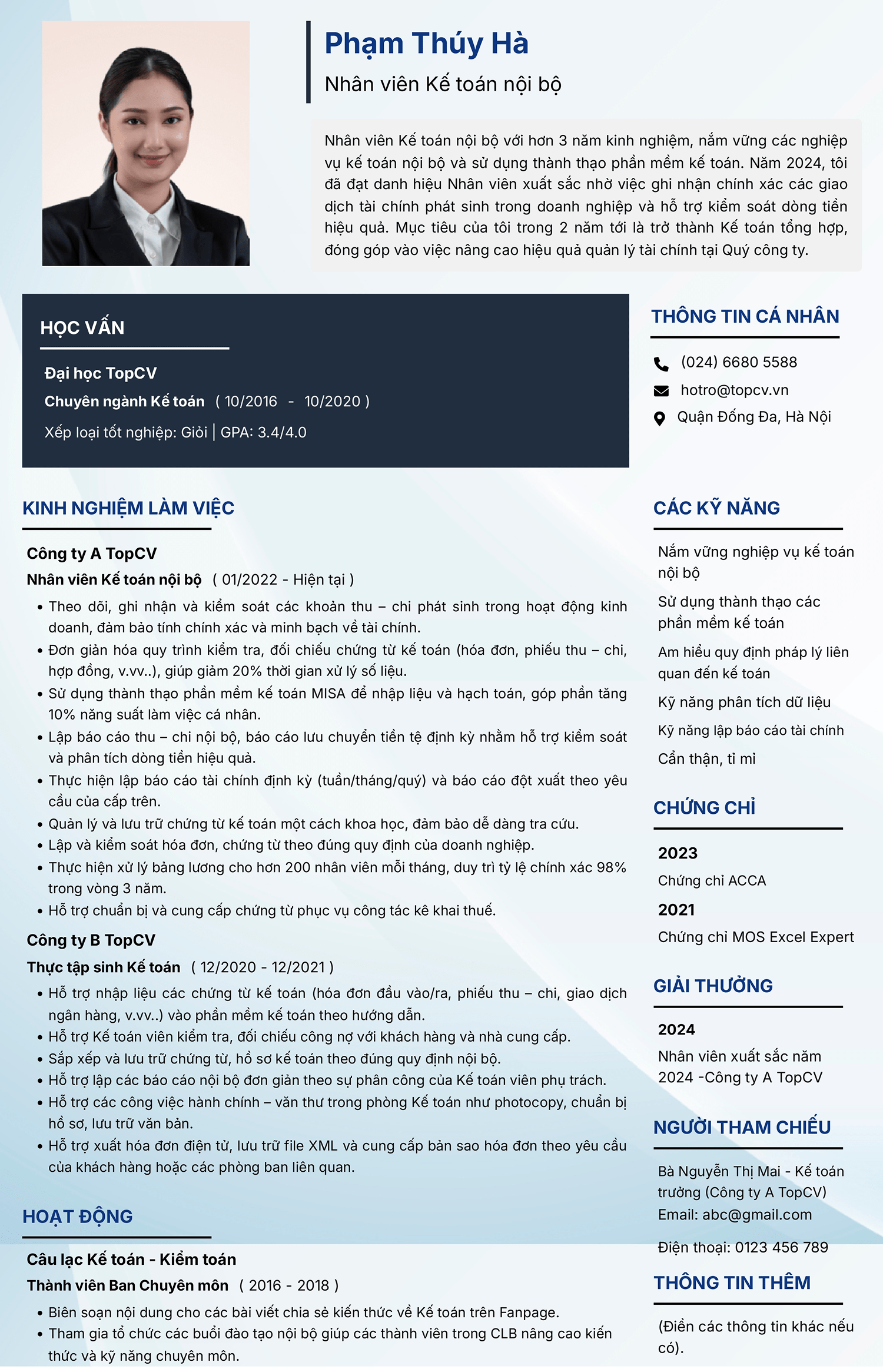 Mẫu CV Kế toán nội bộ 