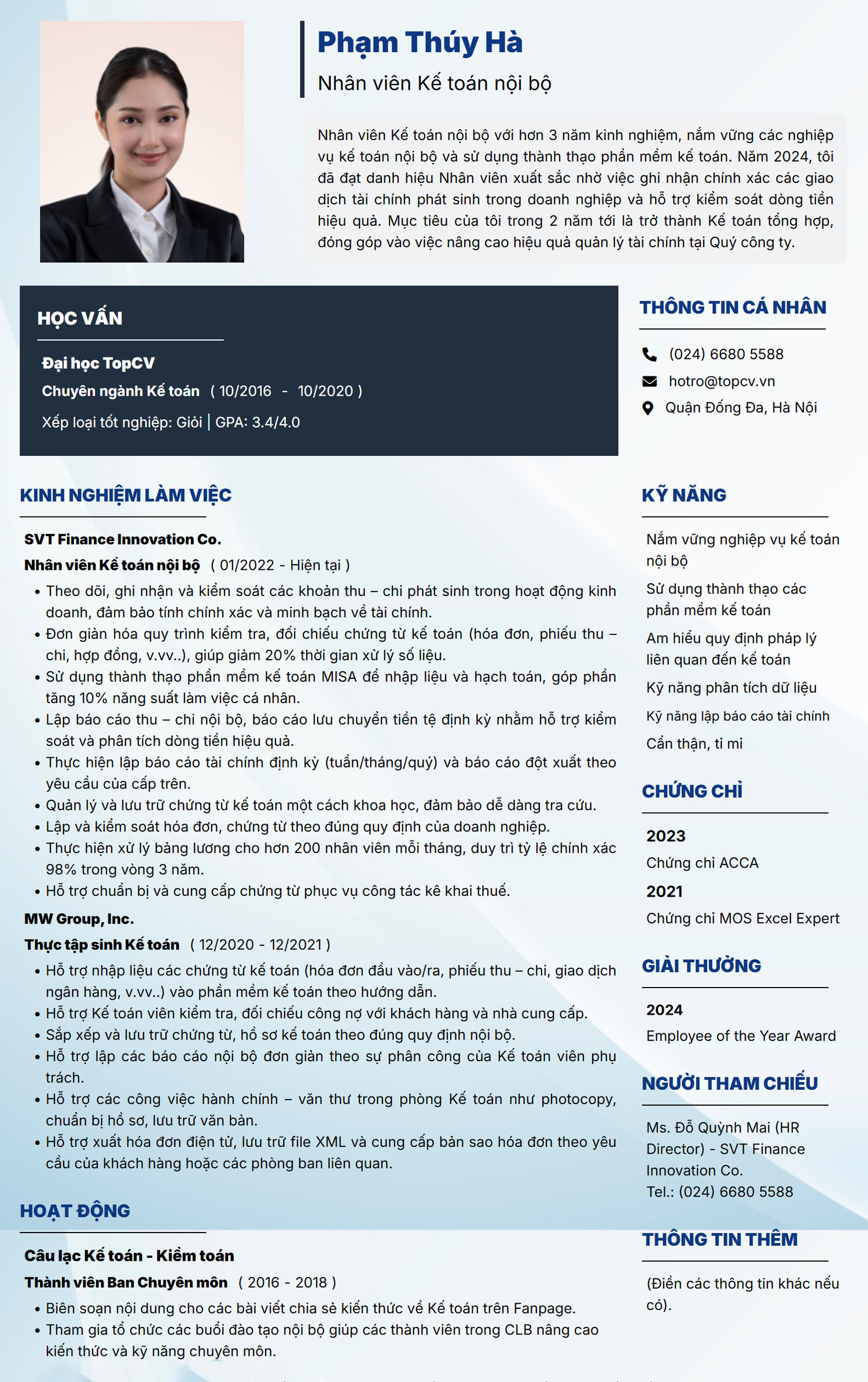 Mẫu CV Kế toán nội bộ Tiếng Việt