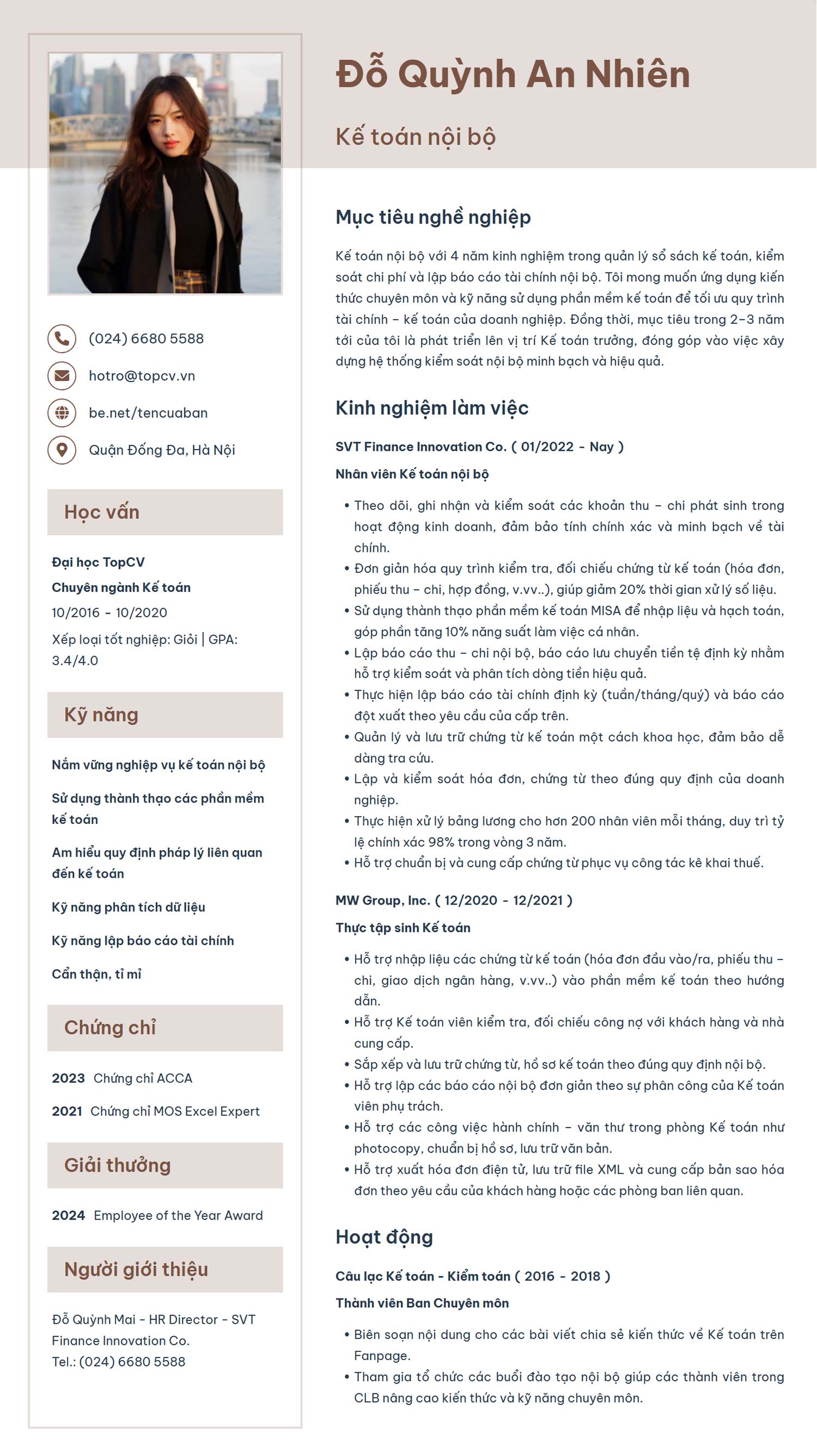 Mẫu CV Kế toán nội bộ thanh lịch