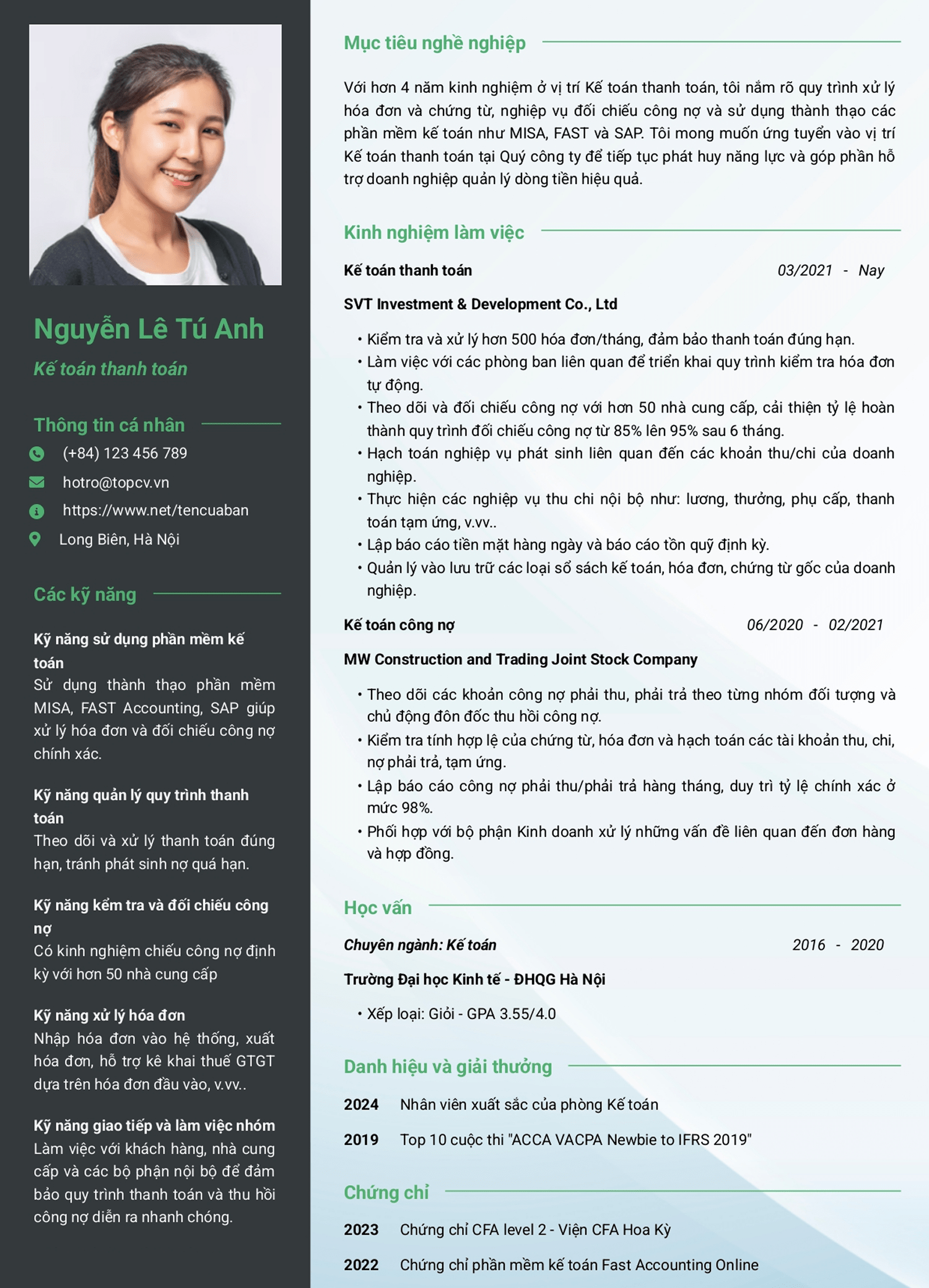Mẫu CV Kế toán thanh toán