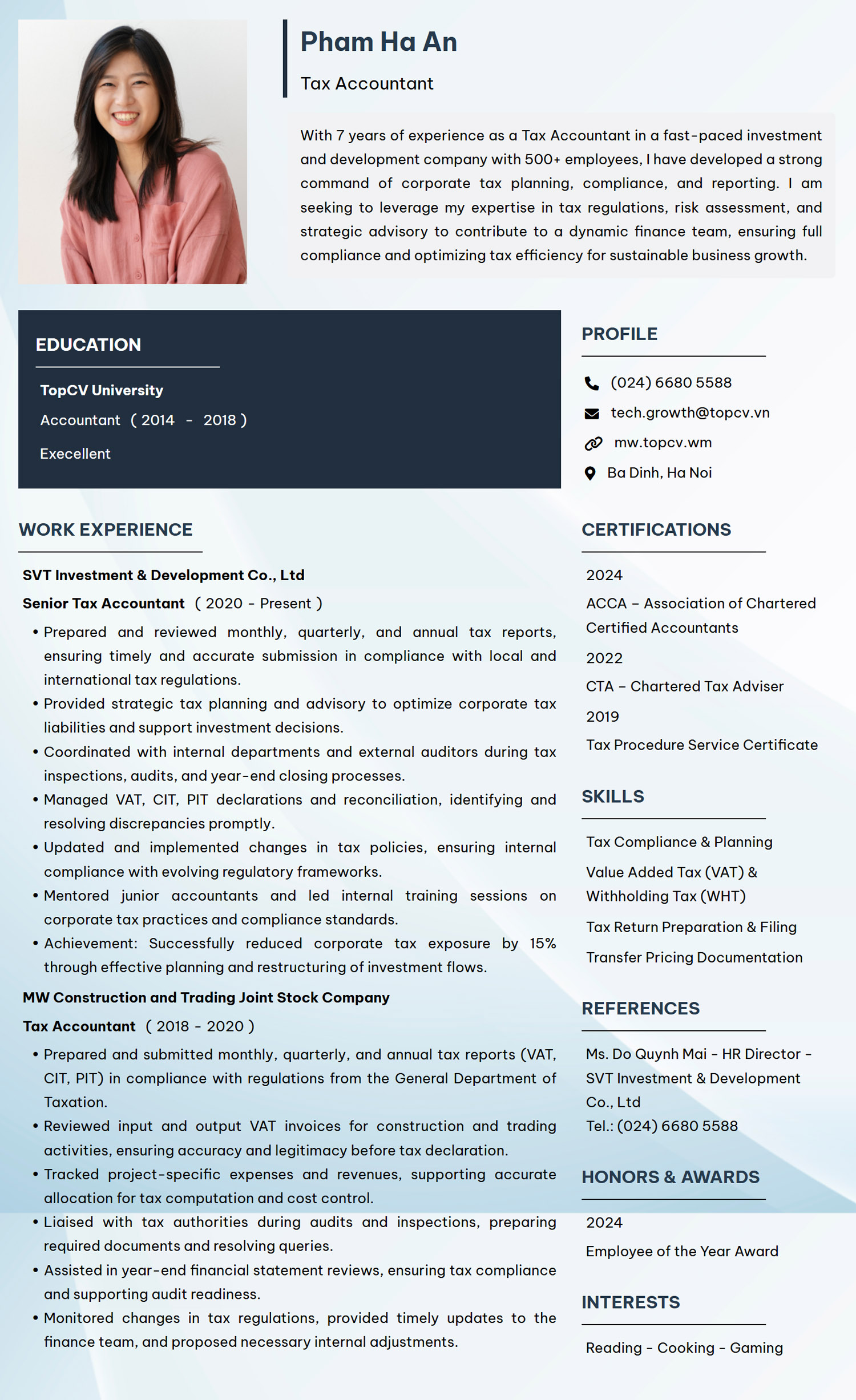 Mẫu CV Kế toán thuế tiếng Anh