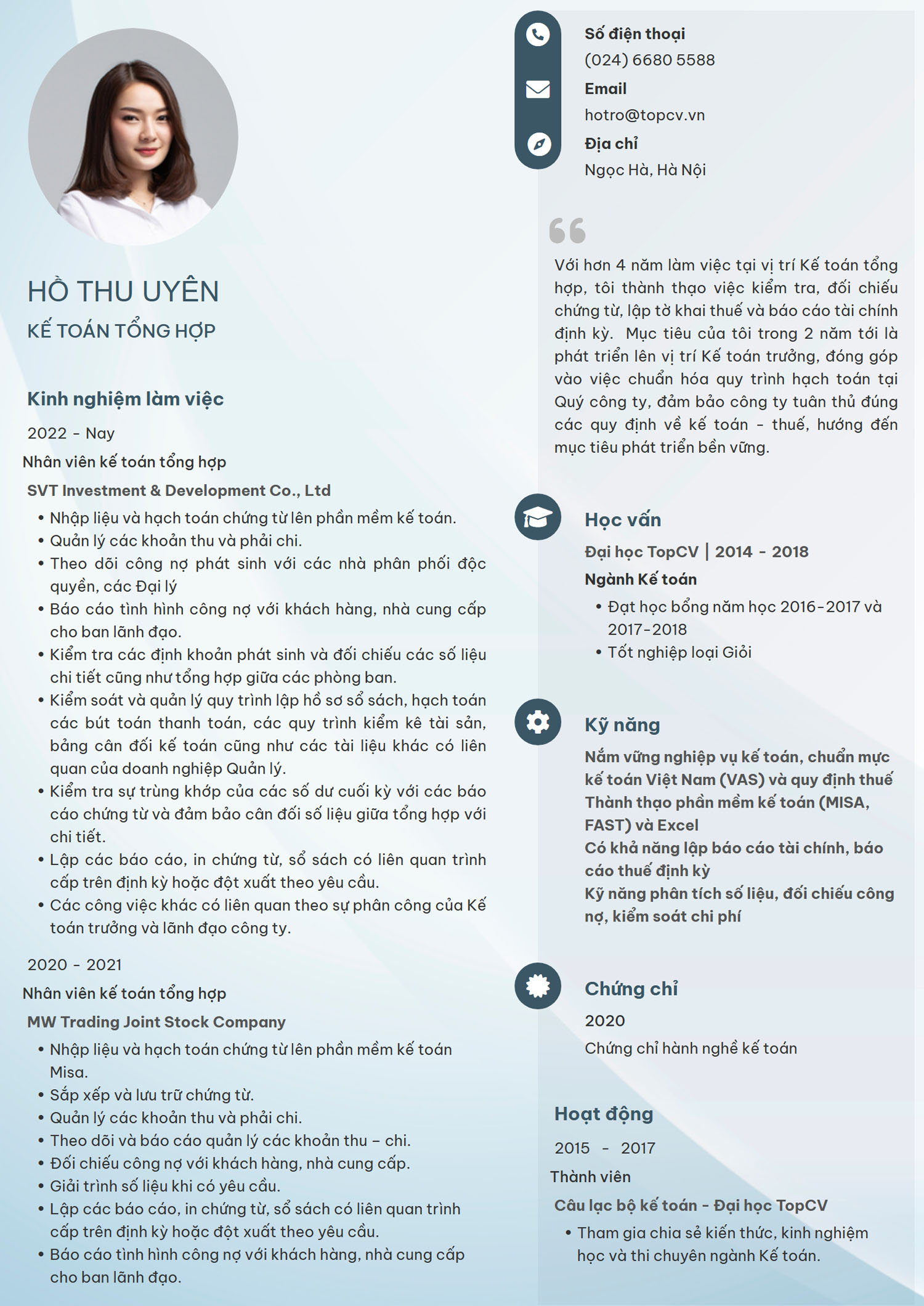 Tham khảo mẫu CV kế toán tổng hợp thanh lịch