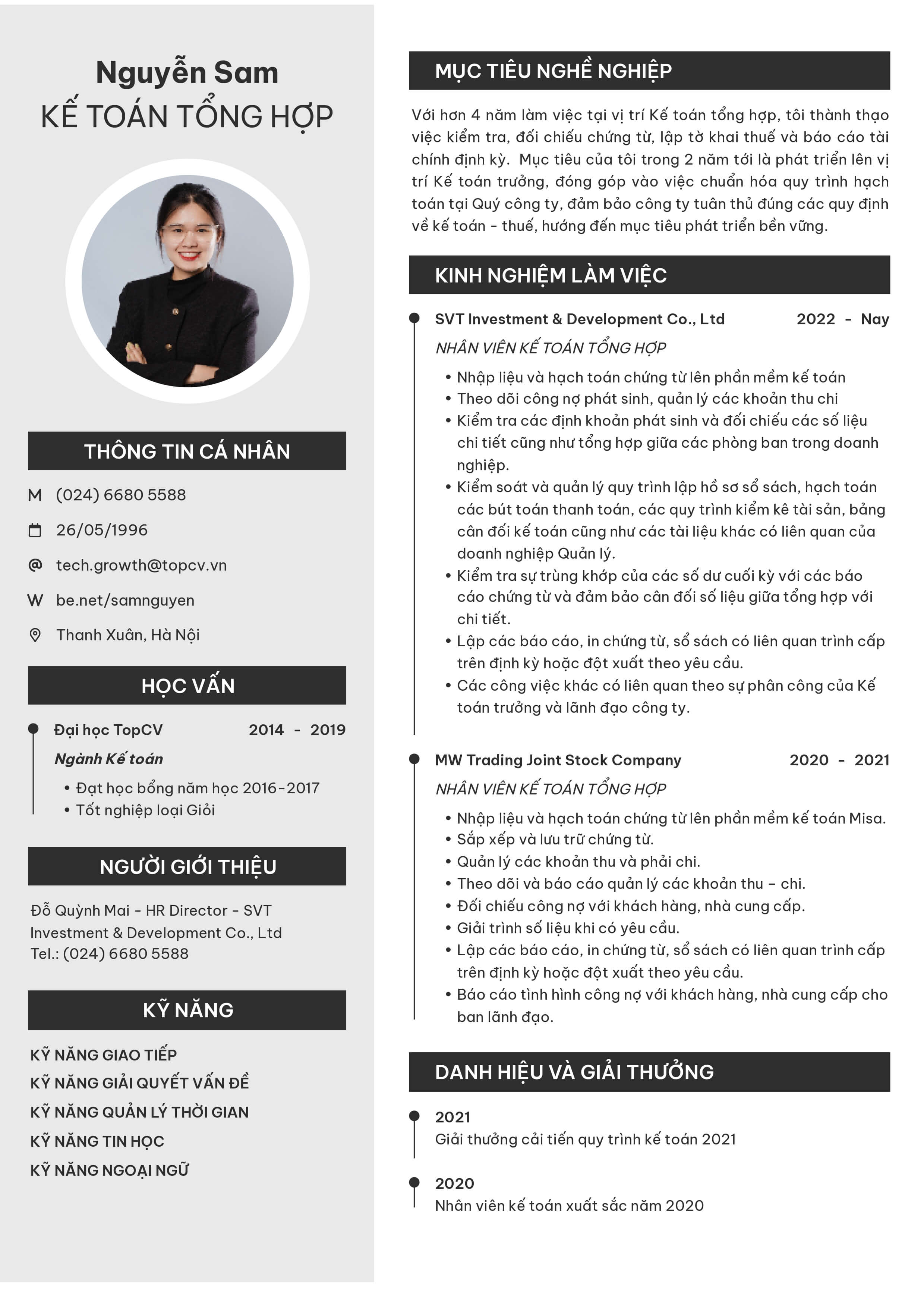 Mẫu CV Kế toán tổng hợp hiện đại