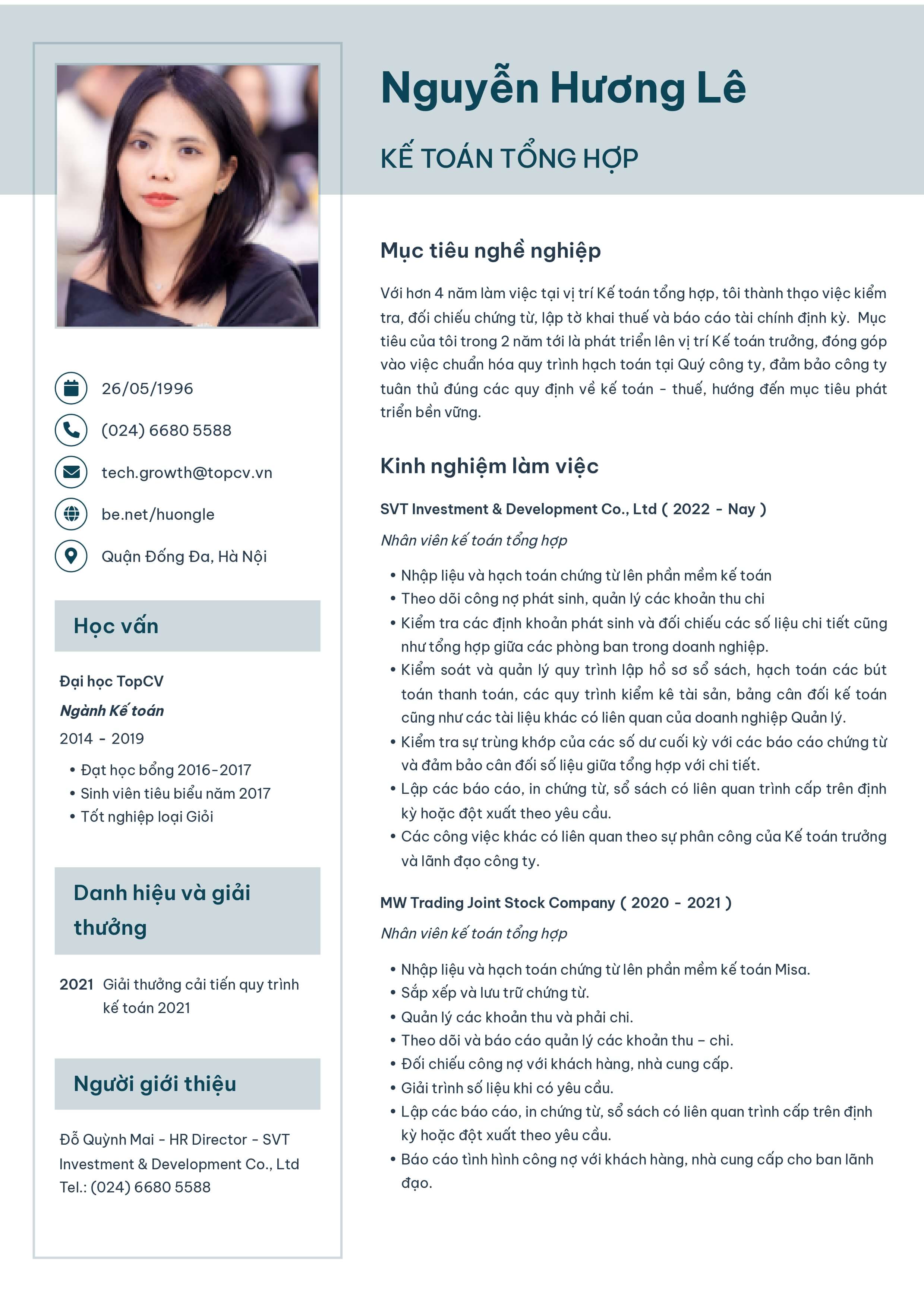 Mẫu CV Kế toán tổng hợp tiếng Việt