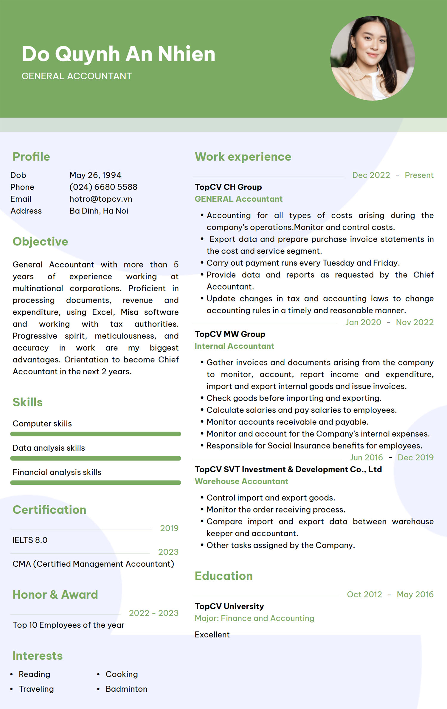 Mẫu CV Kế toán tổng hợp Tiếng Anh