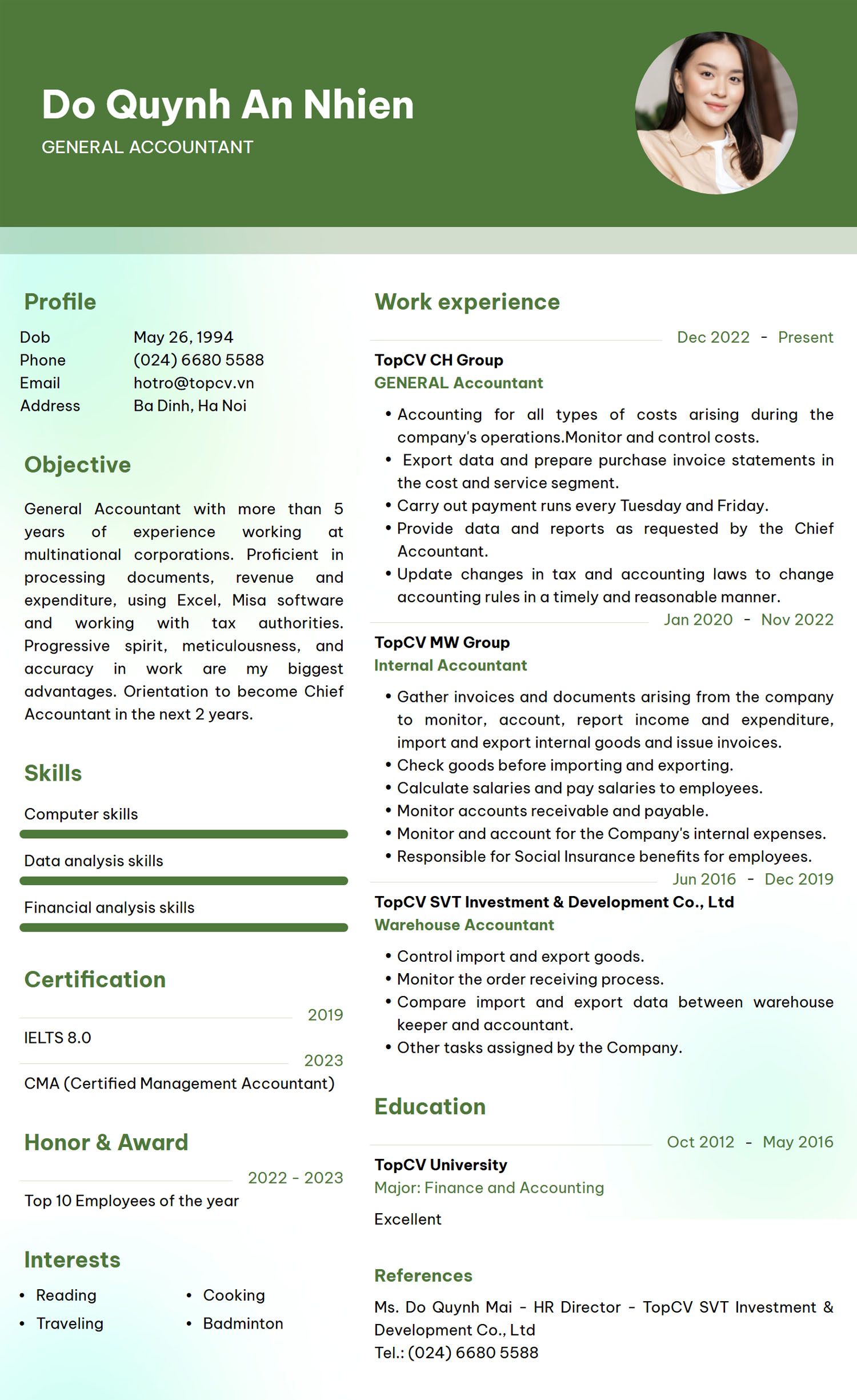Mẫu CV Kế toán tổng hợp Tiếng Anh