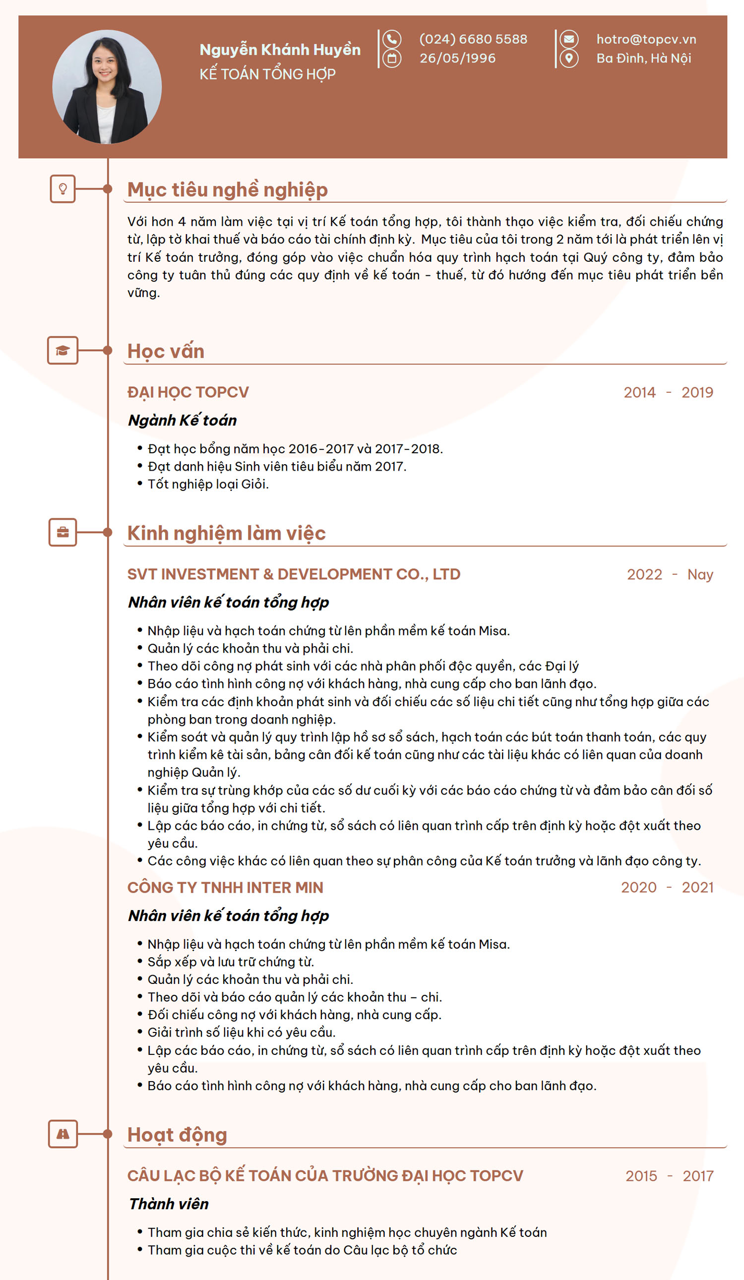 Mẫu CV Kế toán tổng hợp tiếng Việt