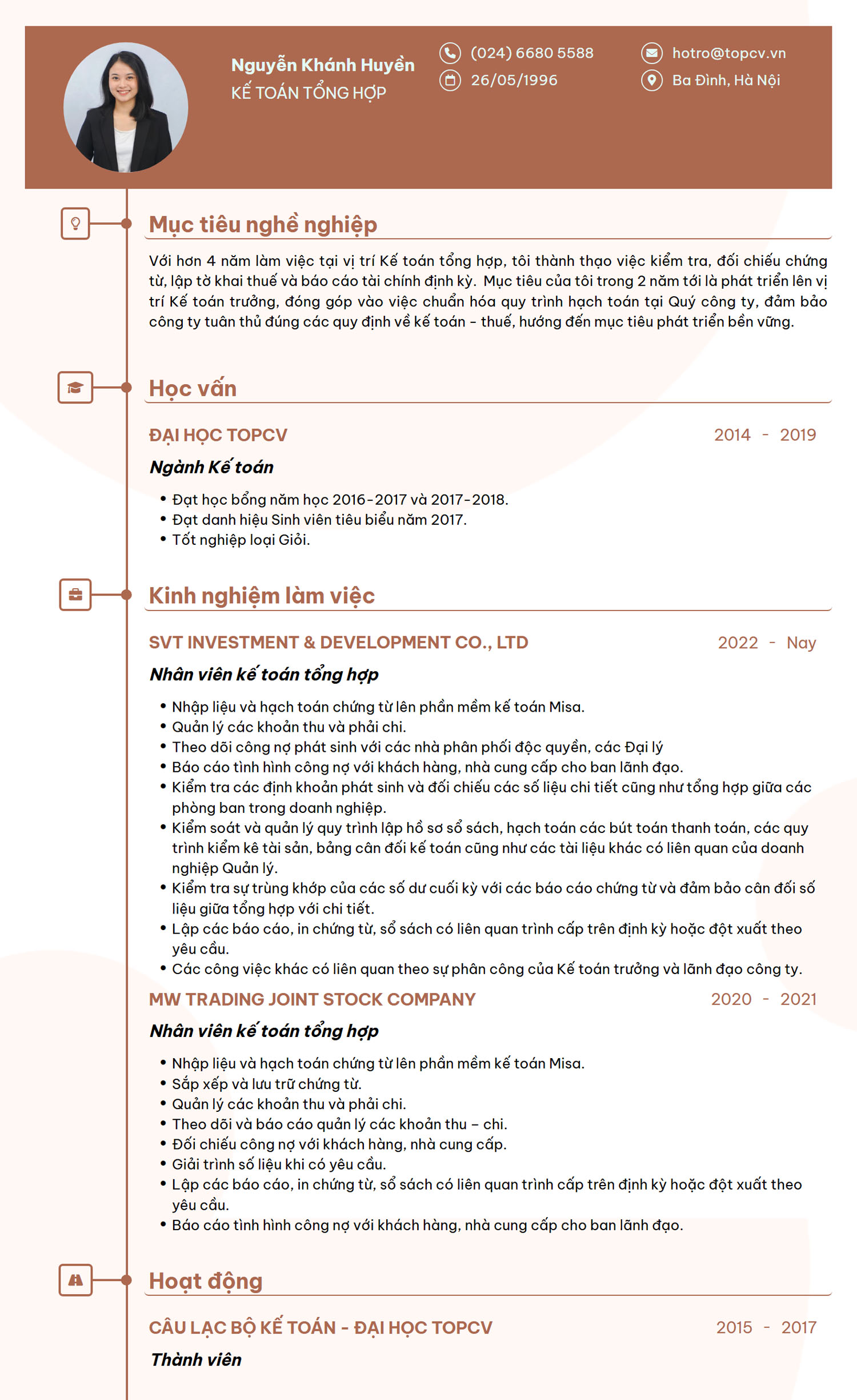 Mẫu CV Kế toán tổng hợp Tiếng Việt