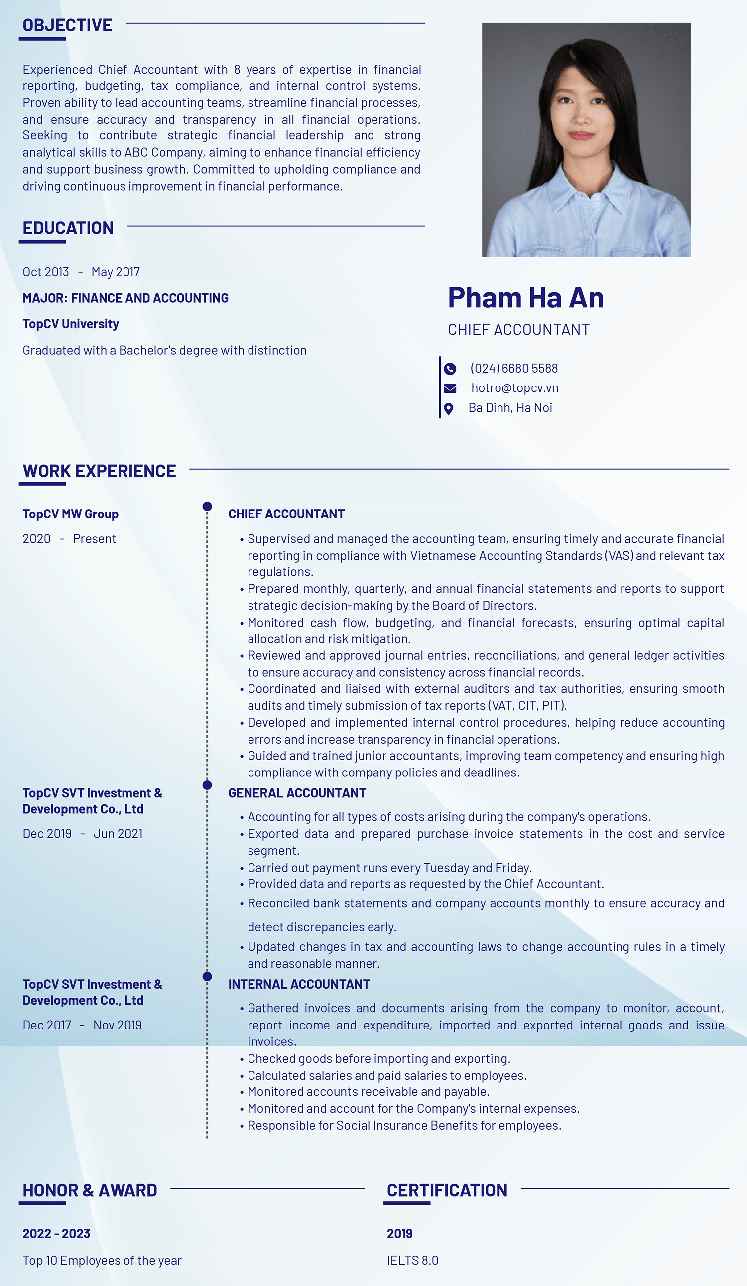 Mẫu CV Kế toán trưởng tiếng Anh