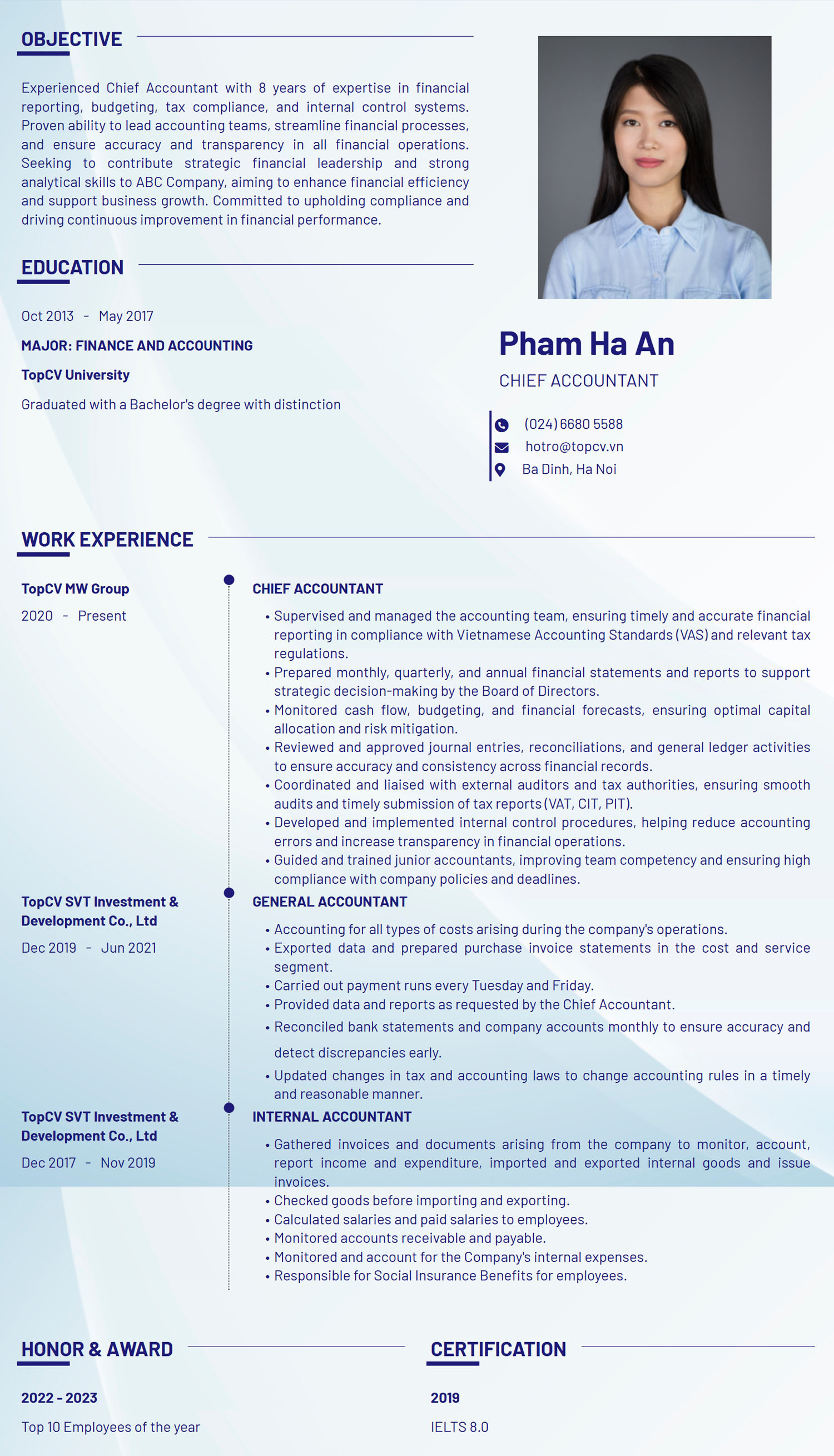 Mẫu CV Kế toán trưởng Tiếng Anh tại TopCV