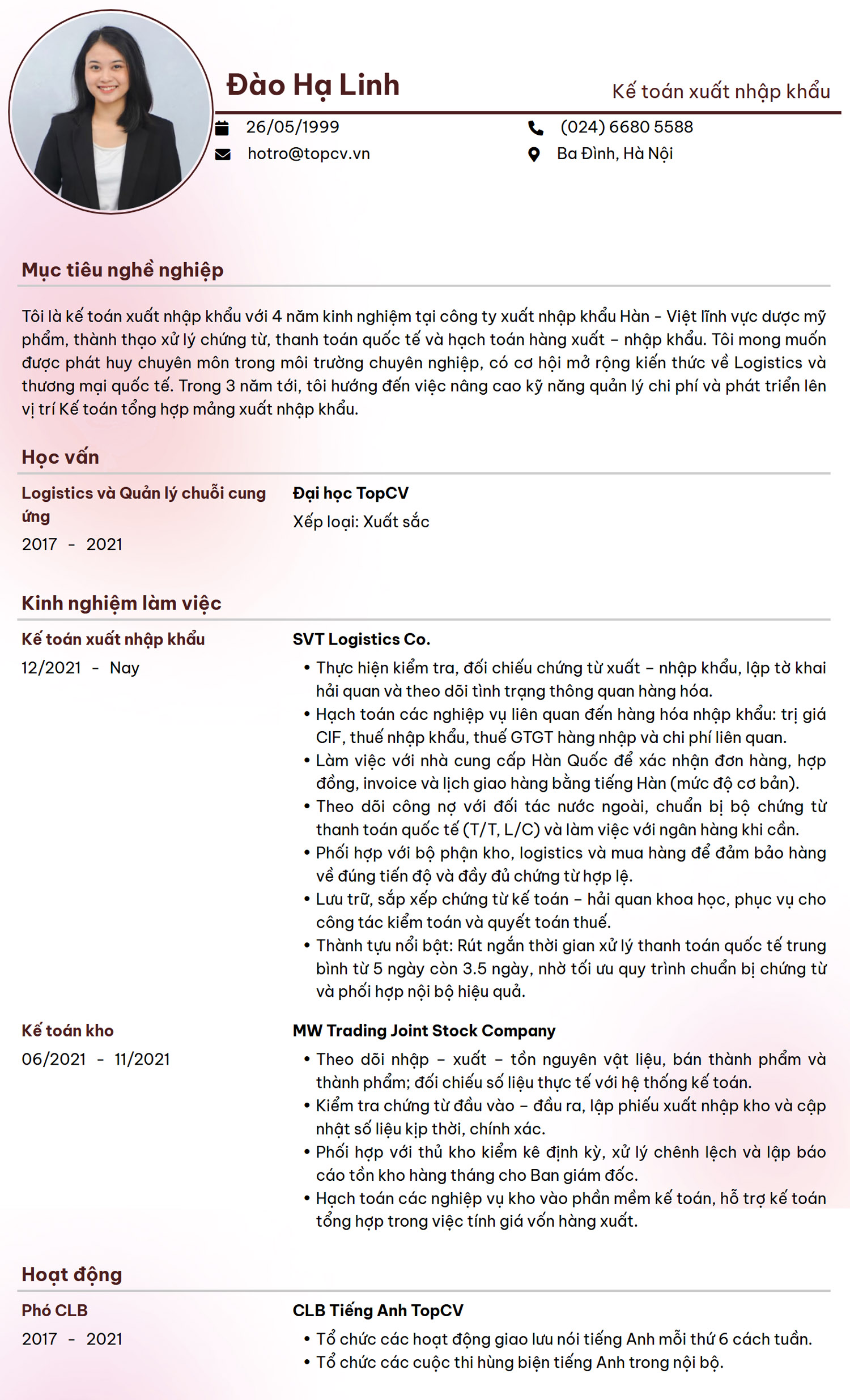 Mẫu CV Kế toán xuất nhập khẩu