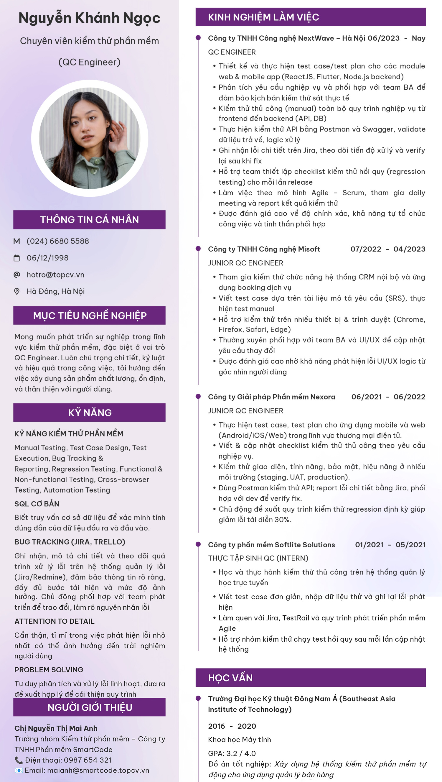 Mẫu CV Kiểm thử phần mềm (QA/QC) chuẩn