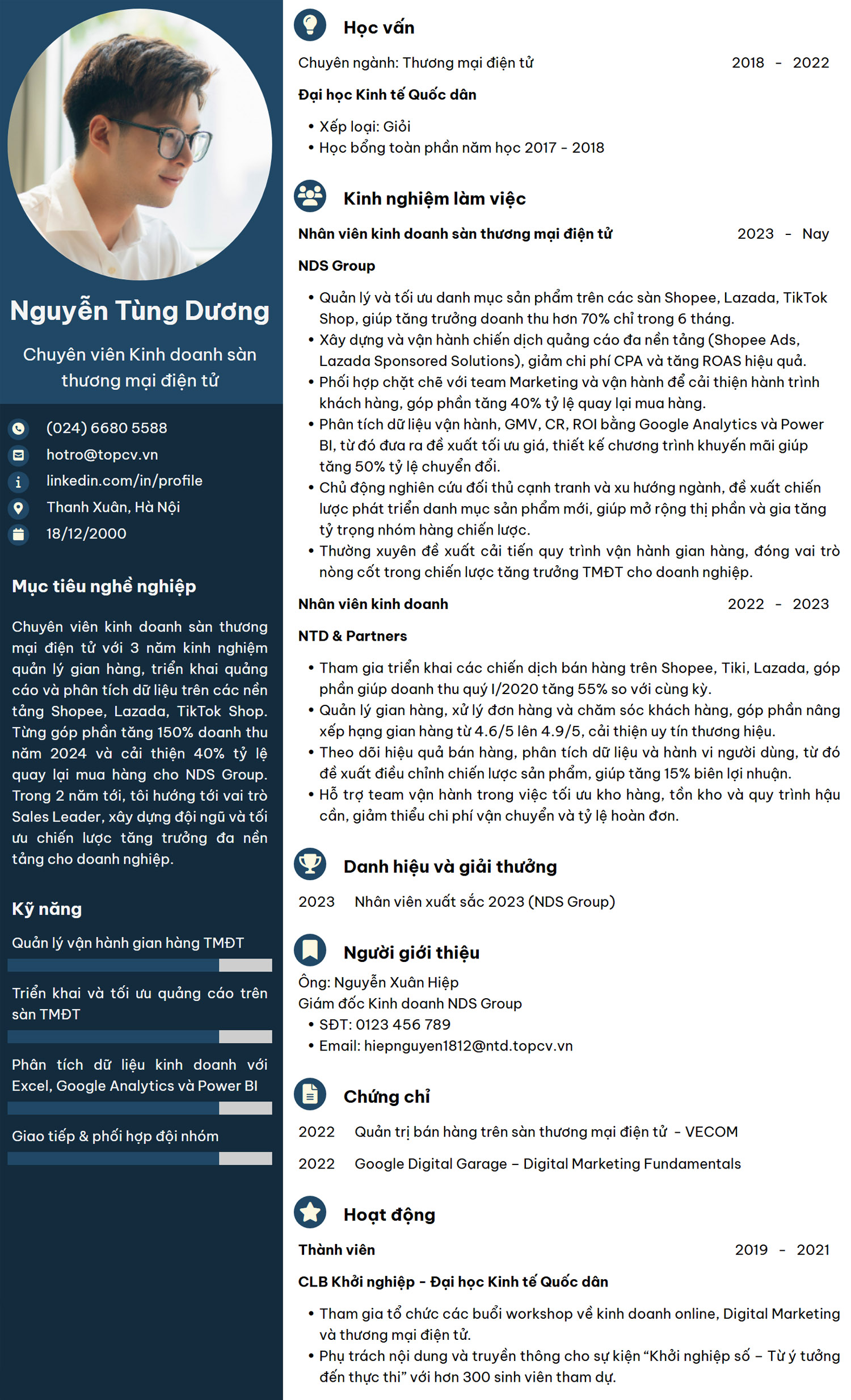 CV Nhân viên Kinh doanh sàn thương mại điện tử