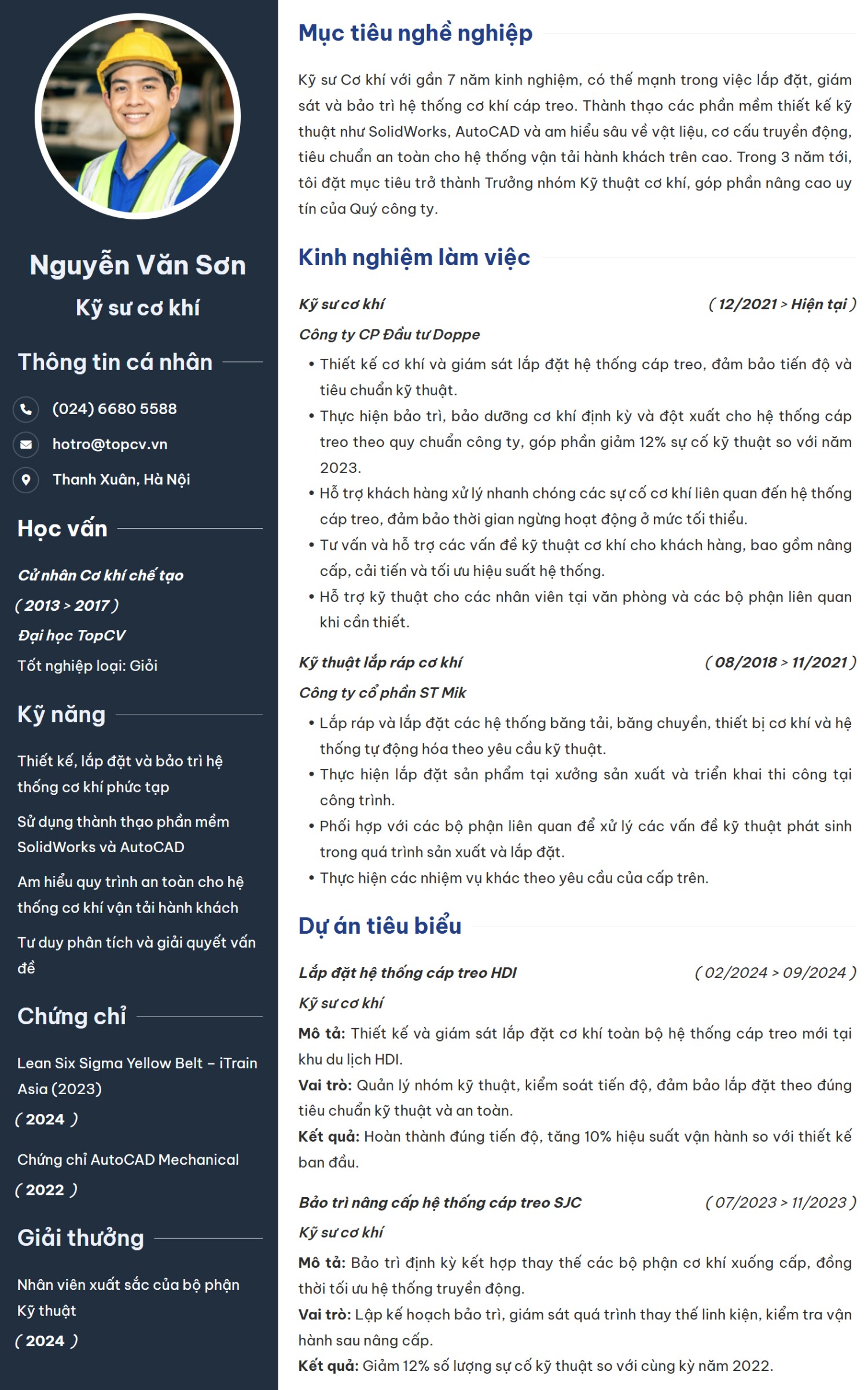 Mẫu CV xin việc bảo trì cơ khí chuyên nghiệp