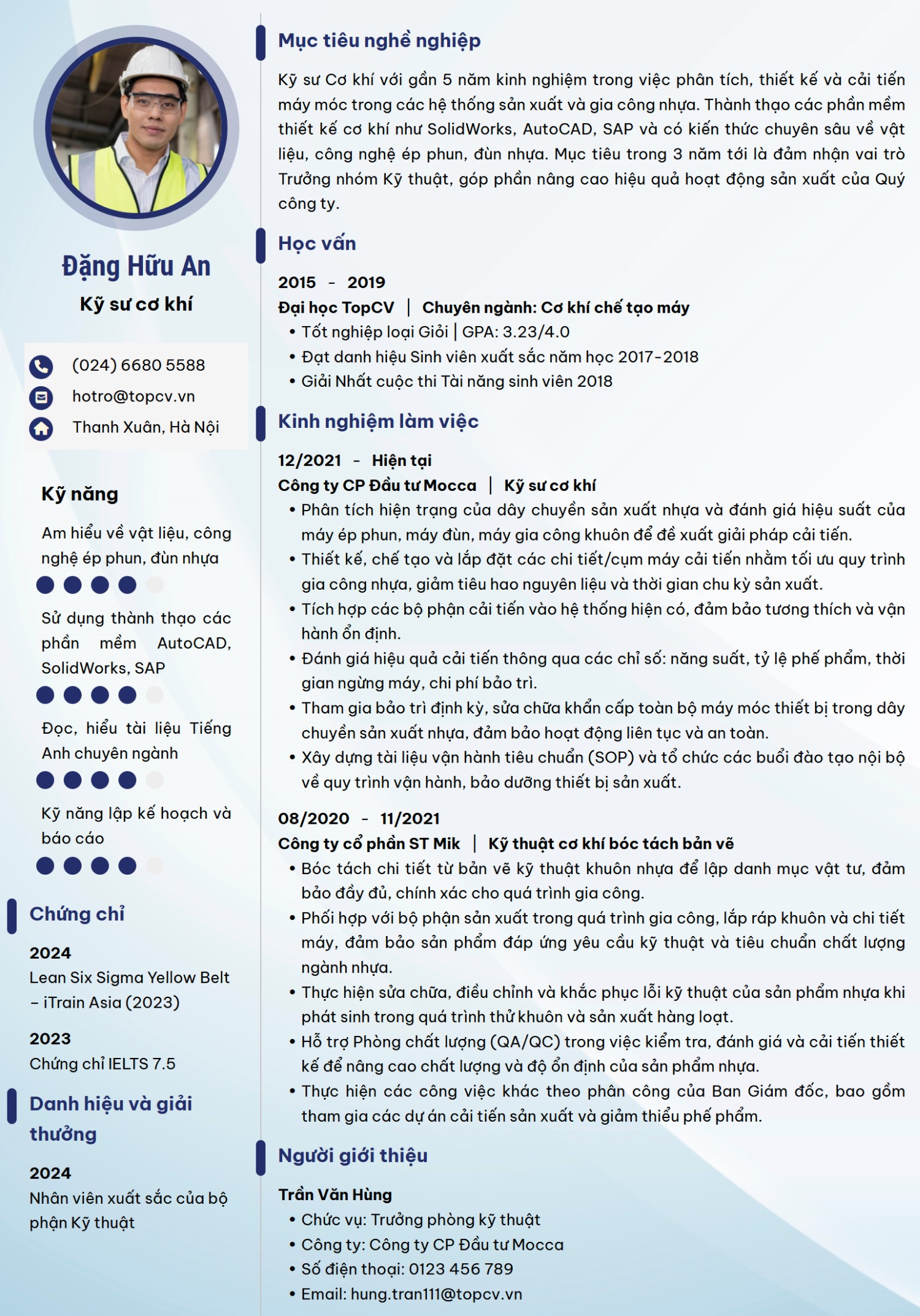 Mẫu CV Kỹ sư cơ khí ấn tượng