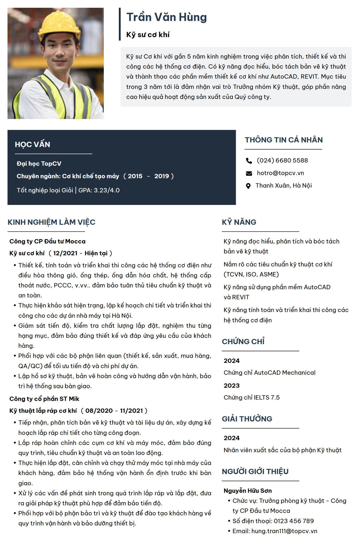Mẫu CV Kỹ sư cơ khí đơn giản