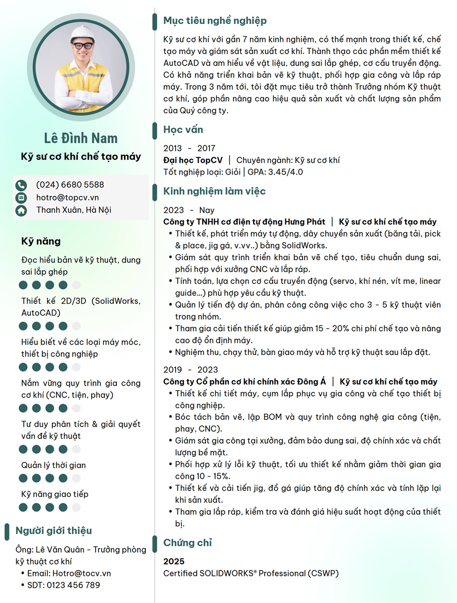 Mẫu CV Kỹ sư cơ khí chế tạo máy chuyên nghiệp