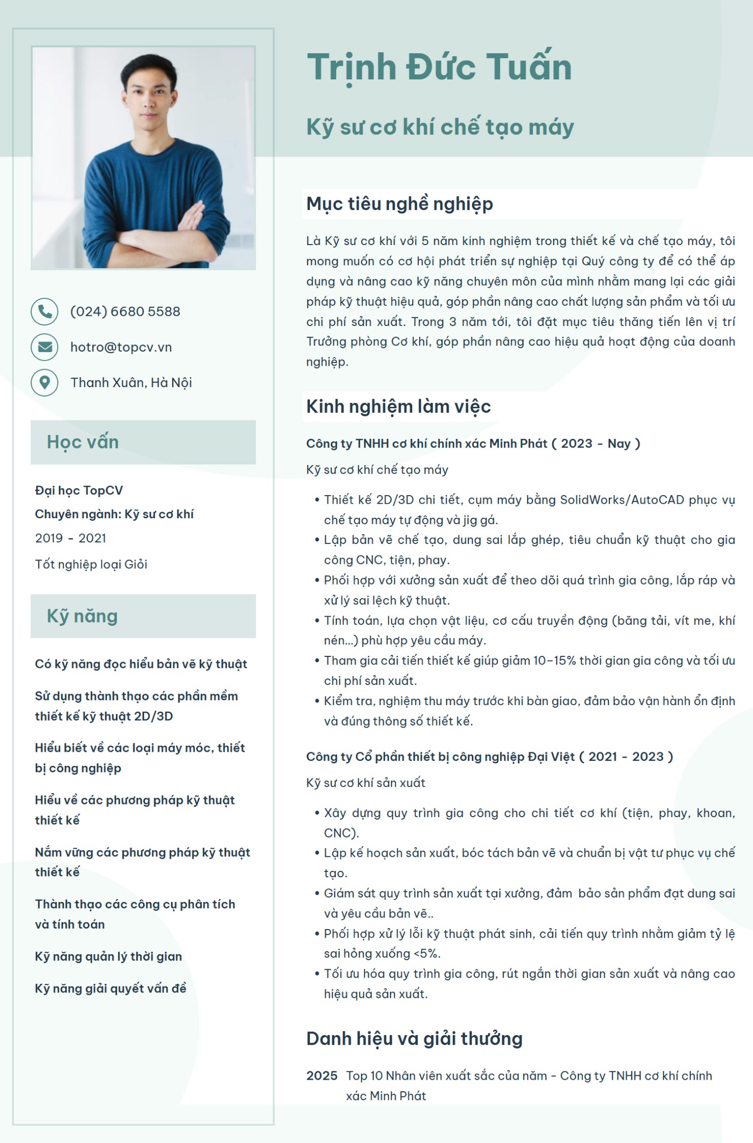 Mẫu CV Kỹ sư cơ khí chế tạo máy hiện đại