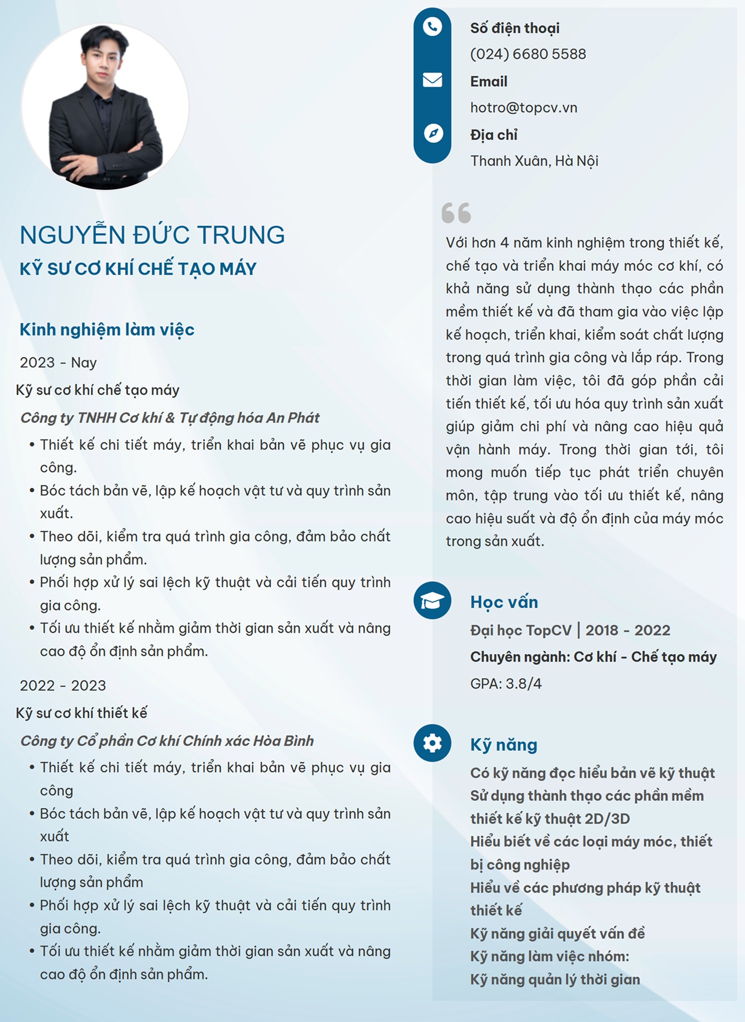 Mẫu CV Kỹ sư cơ khí chế tạo máy ấn tượng