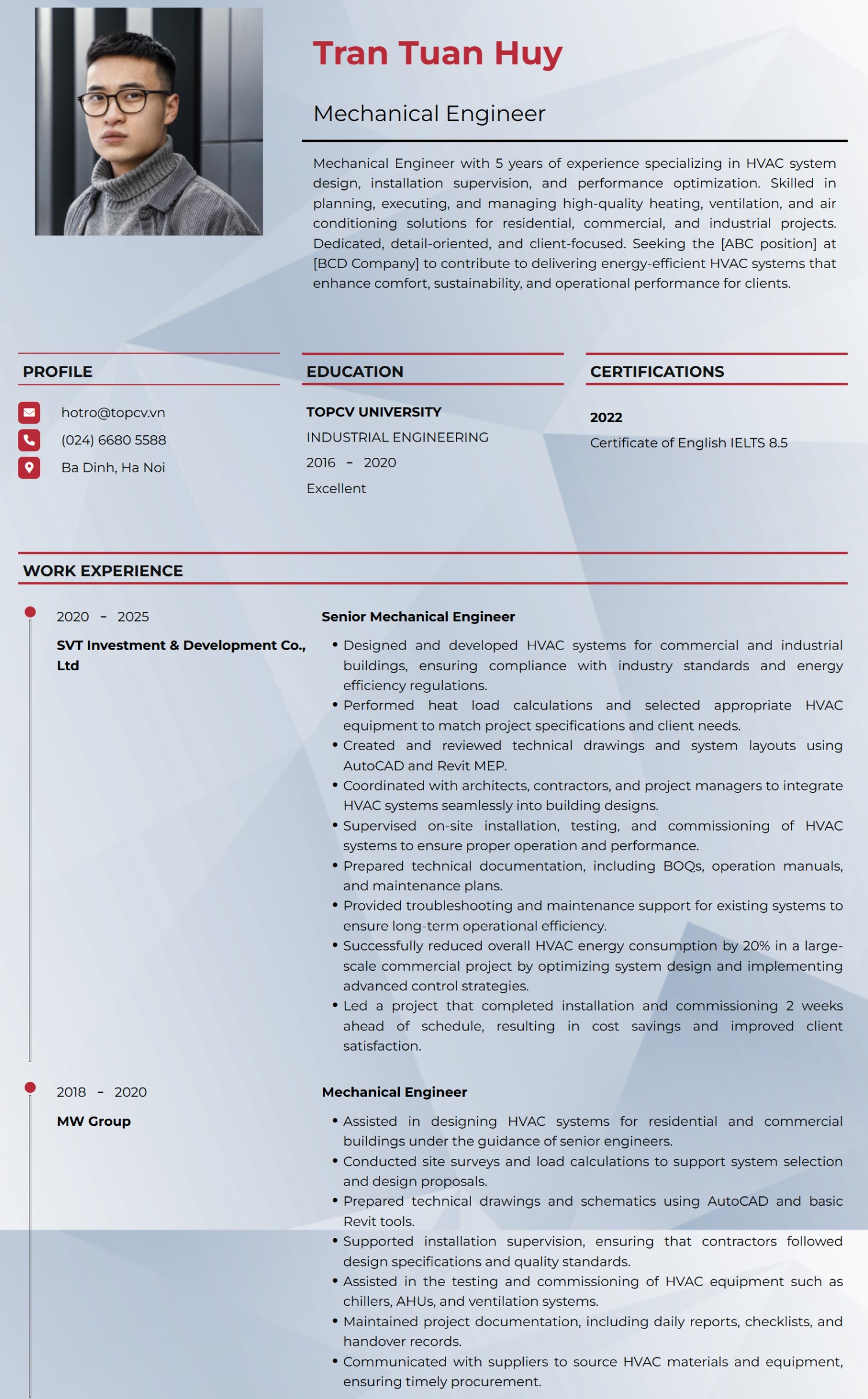 Tham khảo mẫu CV Kỹ sư cơ khí chế tạo máy tiếng Anh trên TopCV