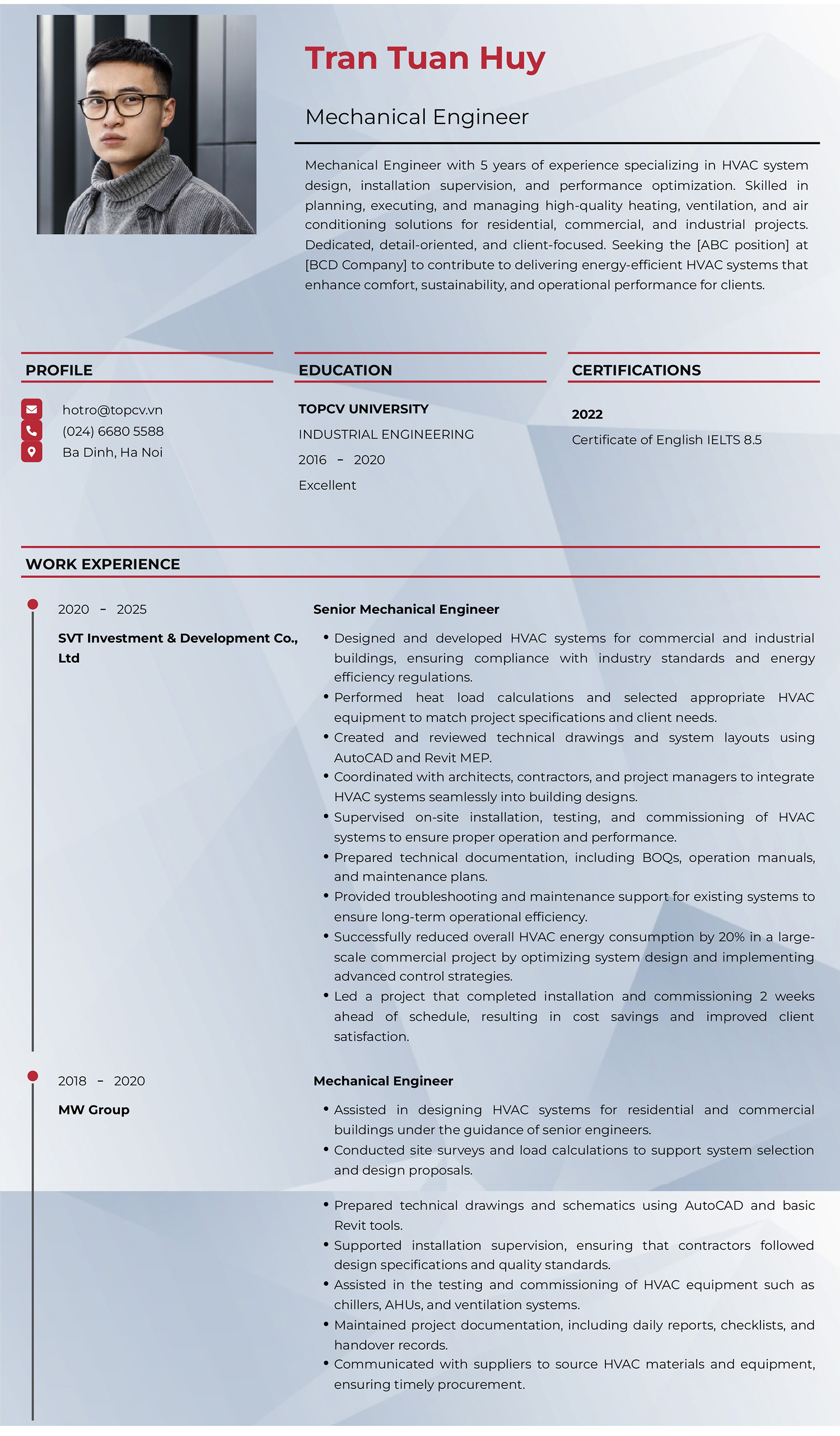 Mẫu CV Kỹ sư cơ khí chế tạo máy tiếng Anh