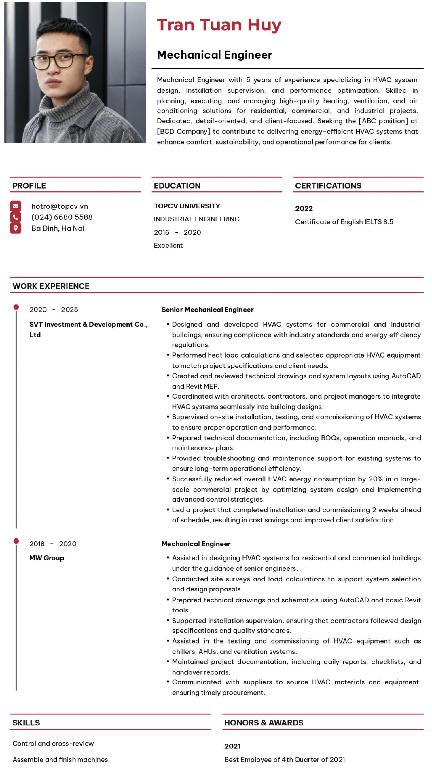 CV Kỹ sư cơ khí chế tạo máy tiếng Anh