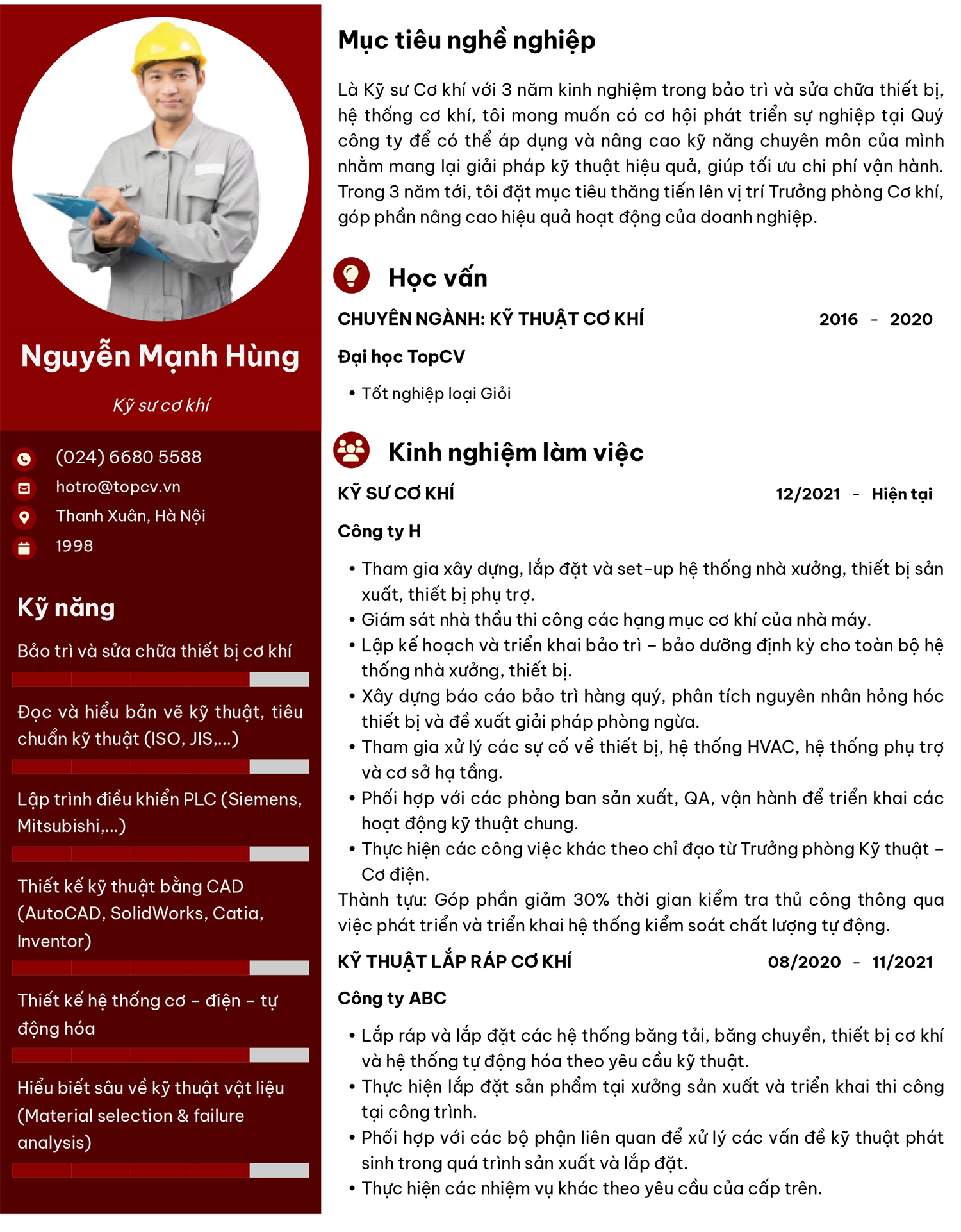 Mẫu CV Kỹ sư cơ khí chuẩn, chuyên nghiệp