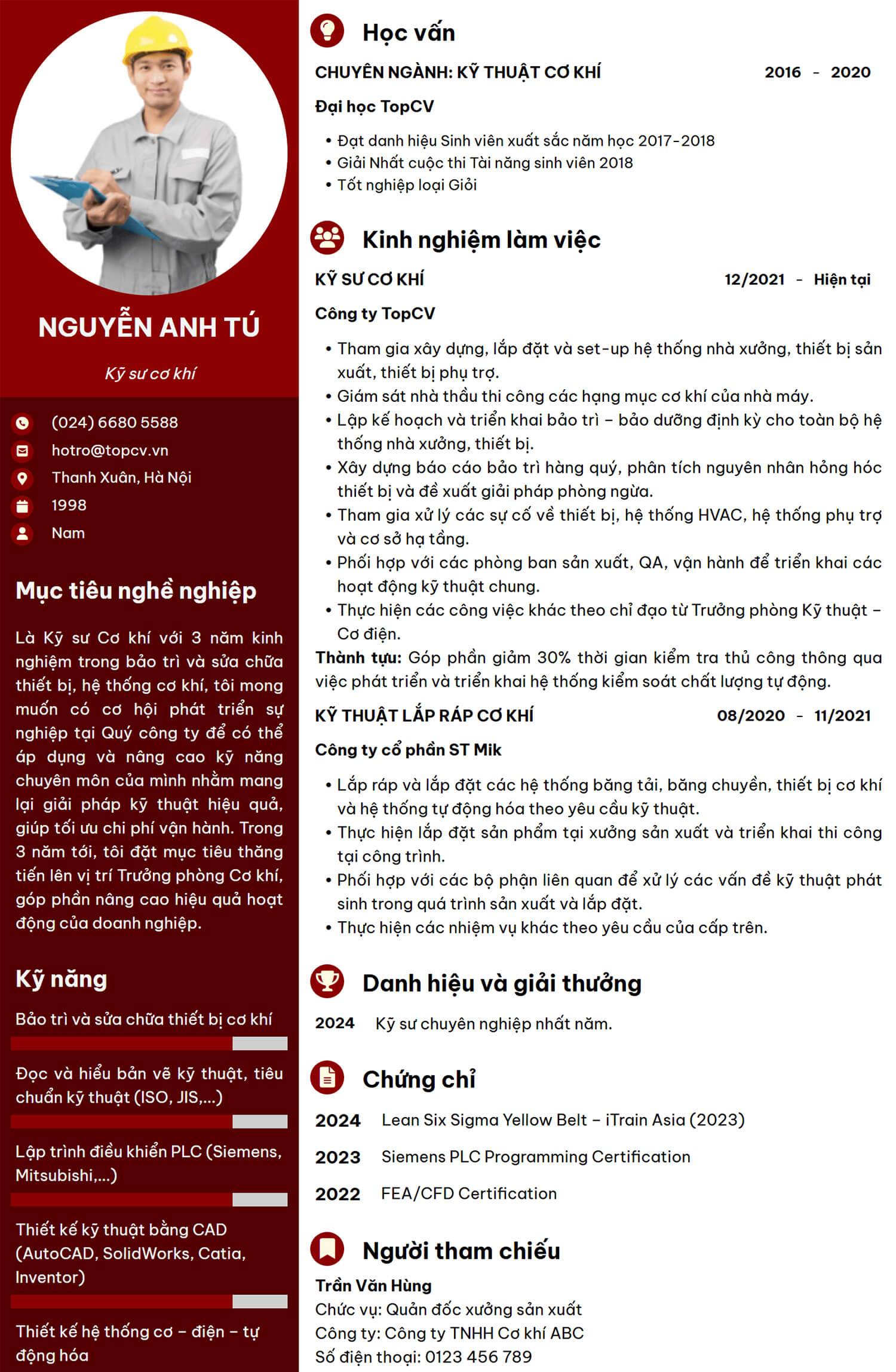 Mẫu CV Kỹ sư cơ khí