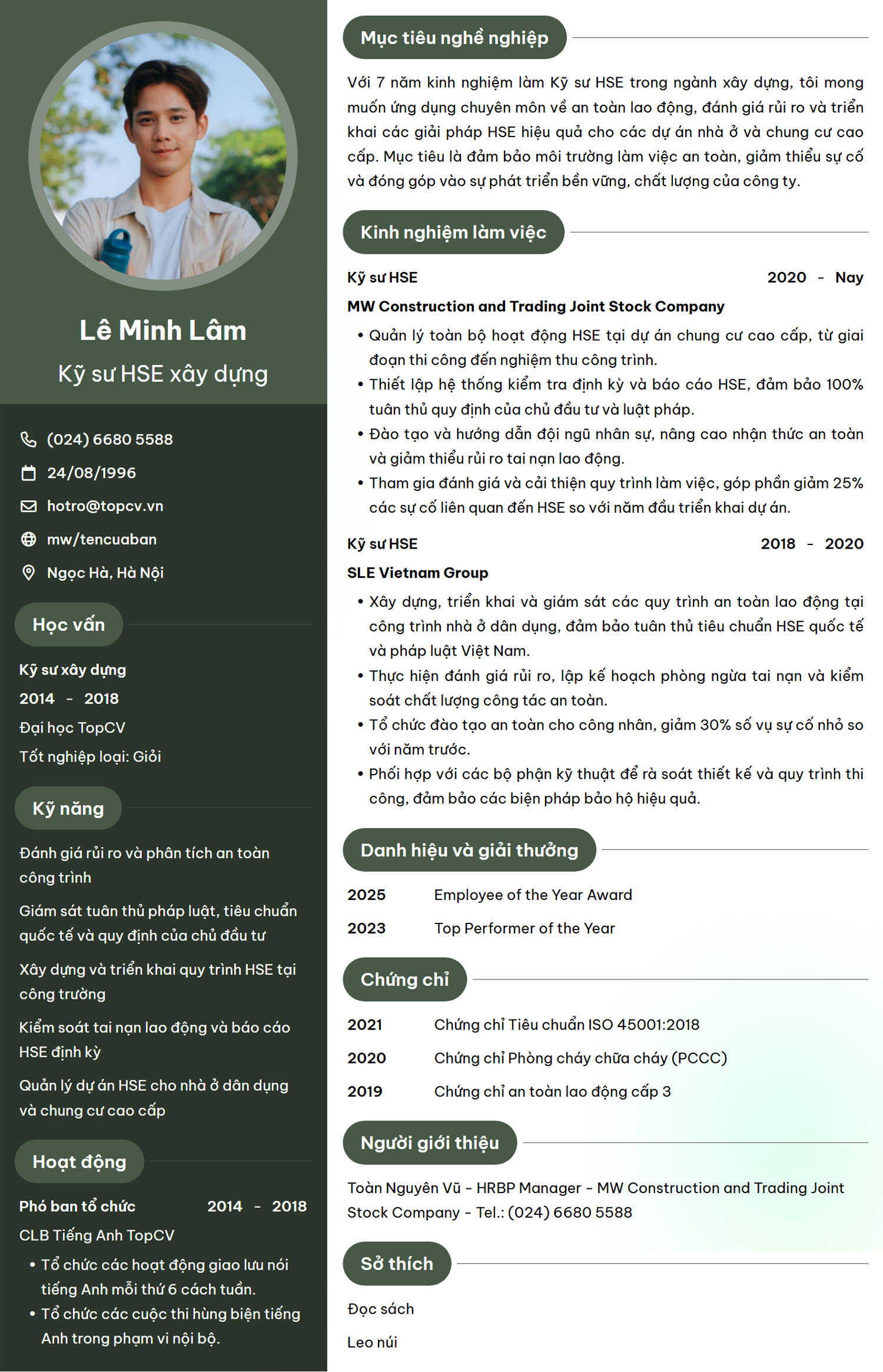 Mẫu CV Kỹ sư HSE ngành Xây dựng