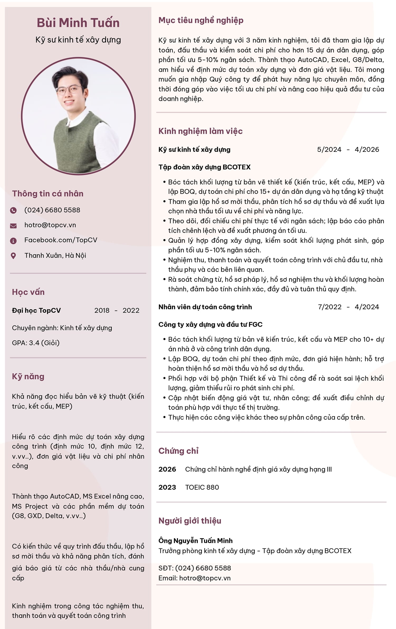 Mẫu CV Kỹ sư kinh tế xây dựng chuyên nghiệp