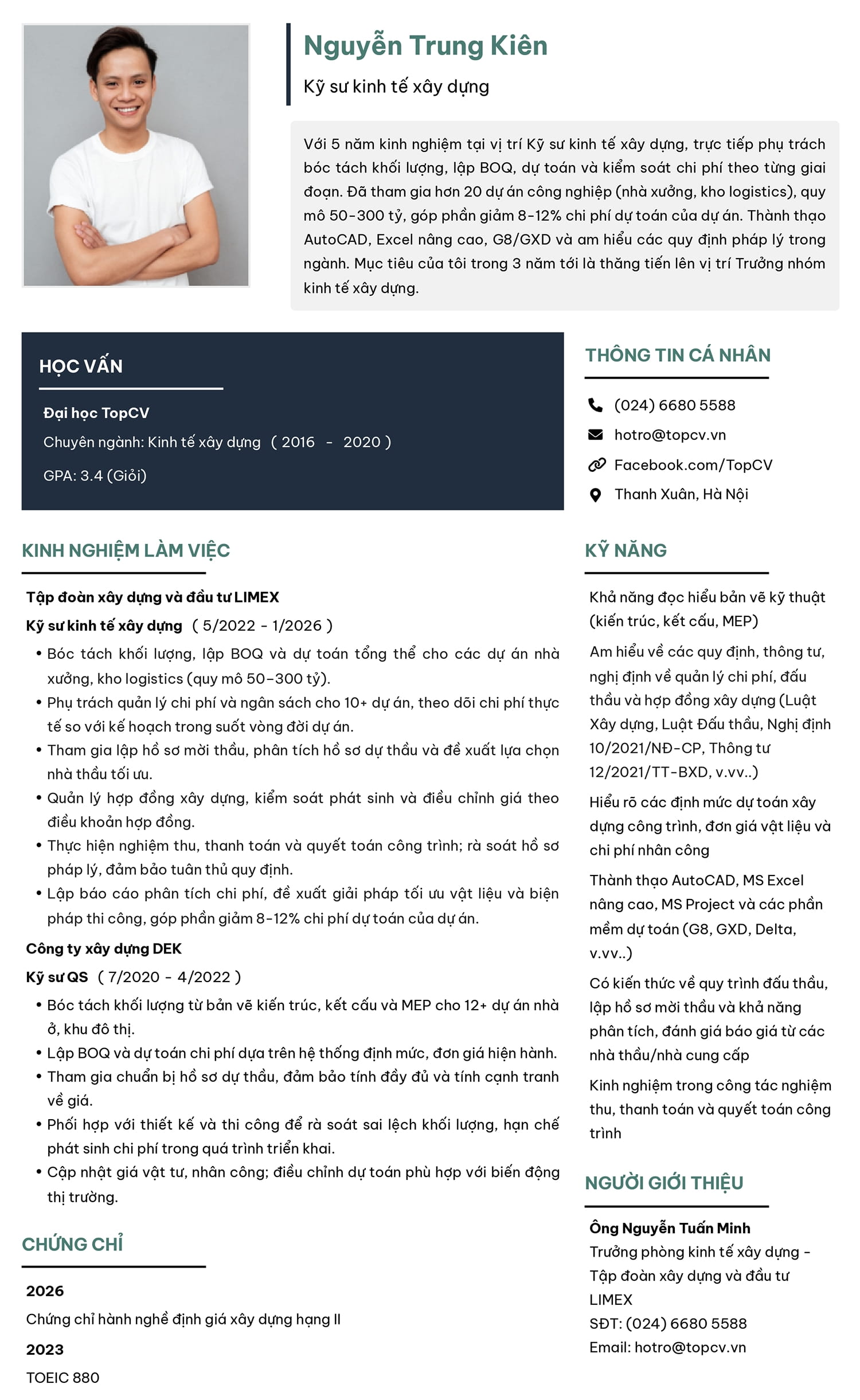 Mẫu CV Kỹ sư kinh tế xây dựng hiện đại