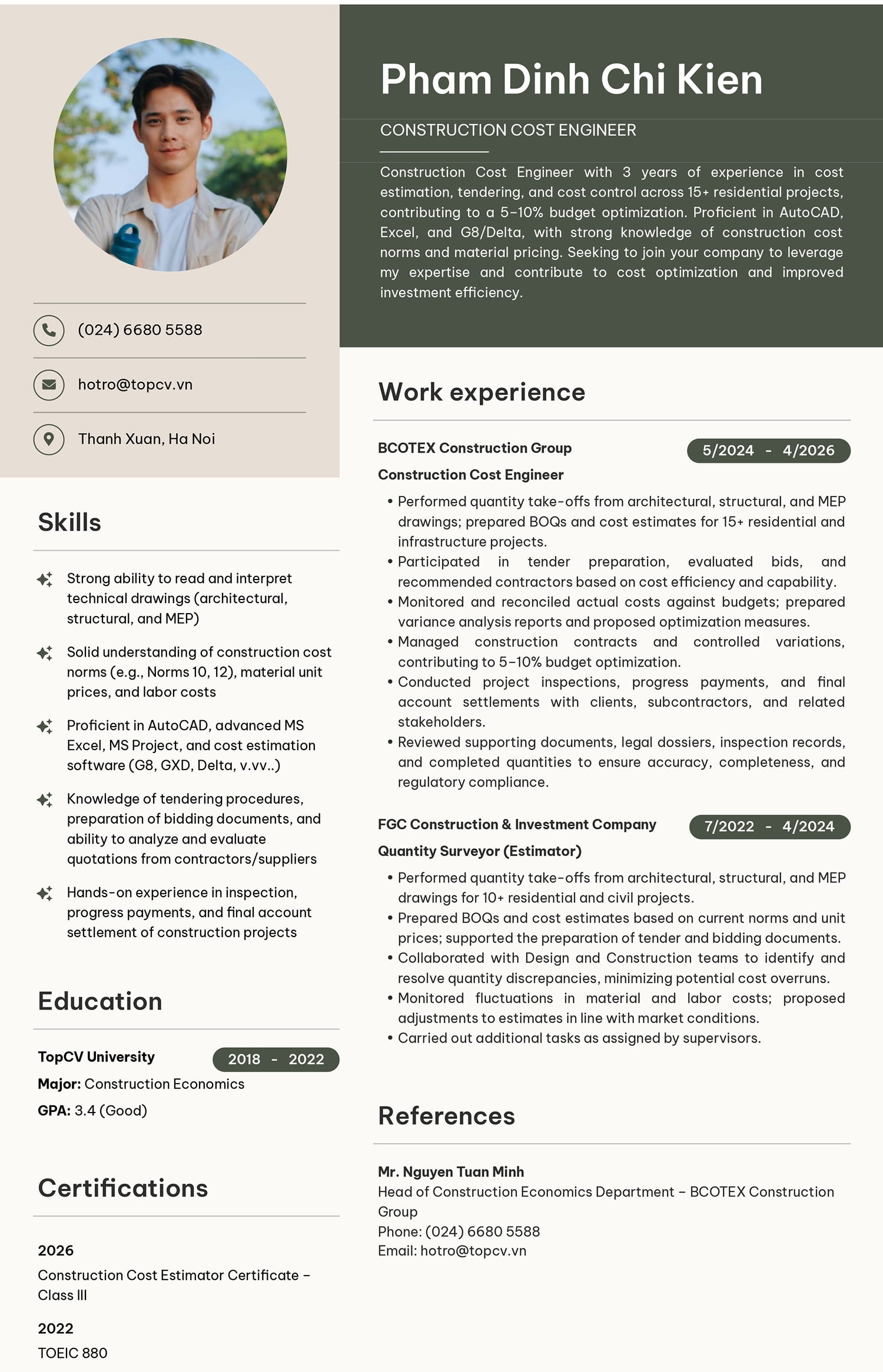 Mẫu CV Kỹ sư xây dựng tiếng Anh