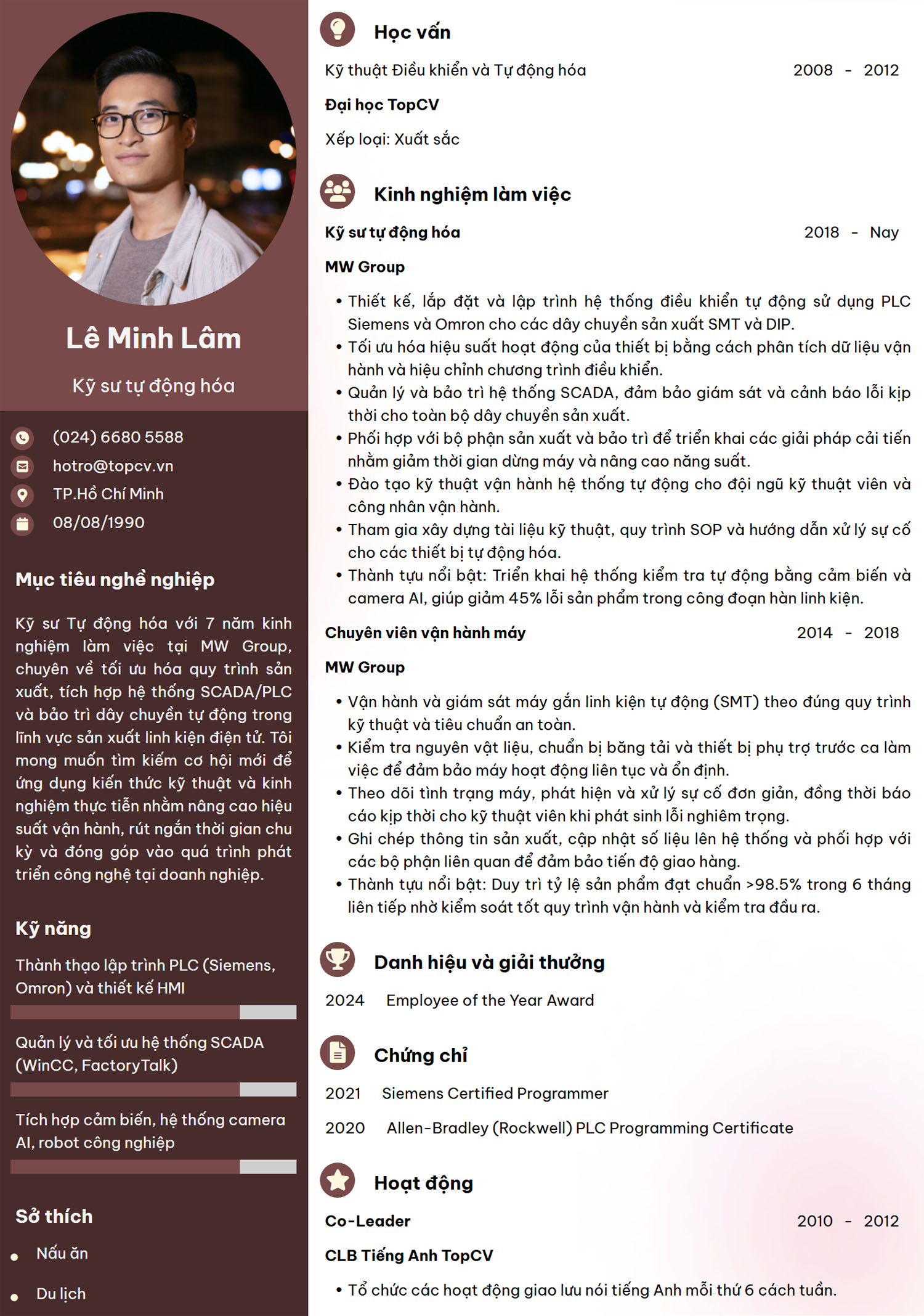 Tham khảo mẫu CV Kỹ sự tự động hóa hiện đại