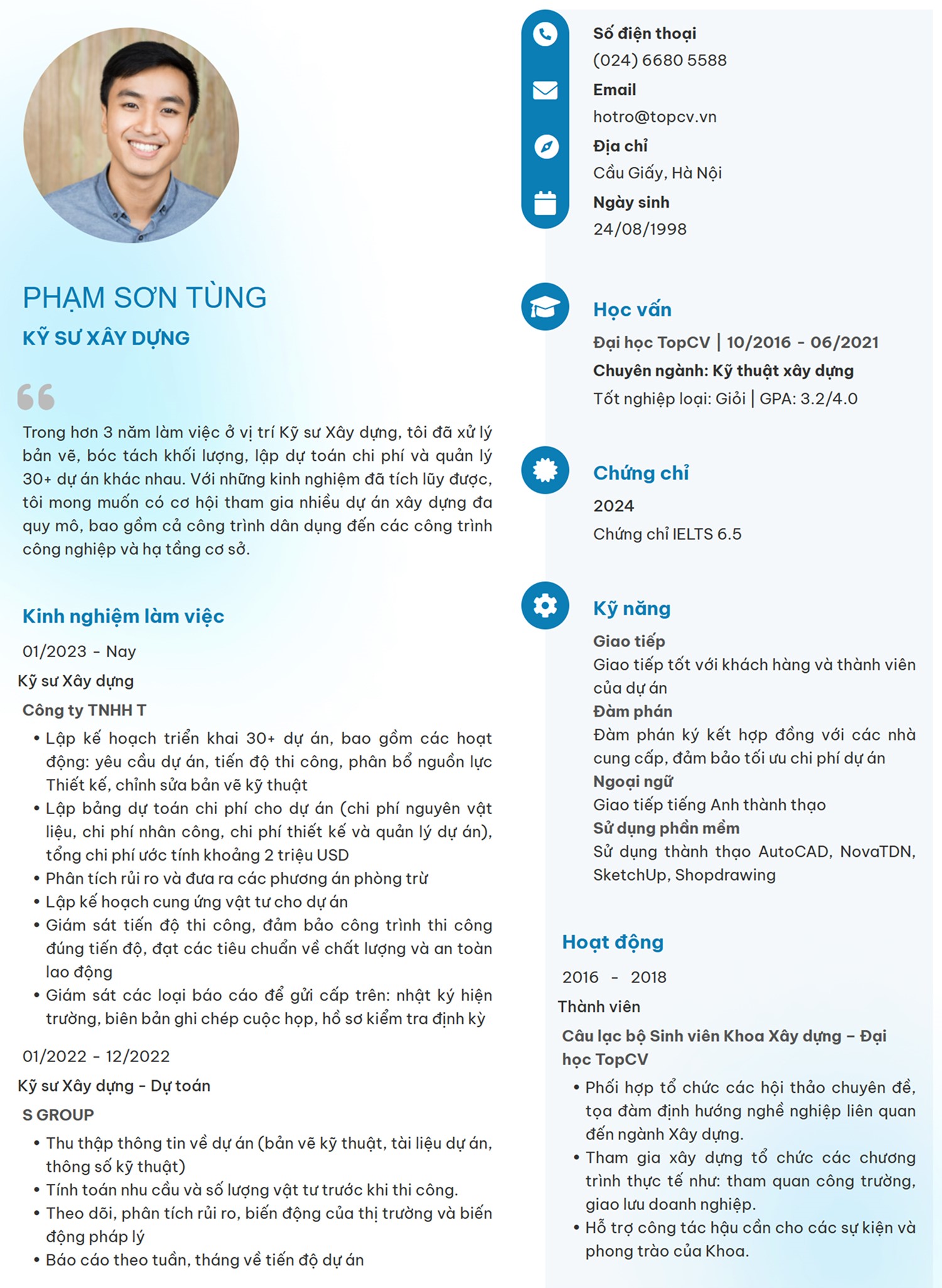Mẫu CV cho Kỹ sư xây dựng đơn giản