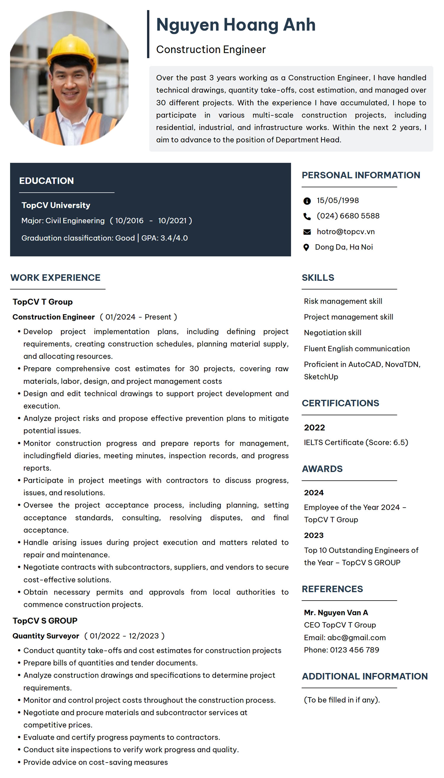 Mẫu CV Kỹ sư xây dựng tiếng Anh