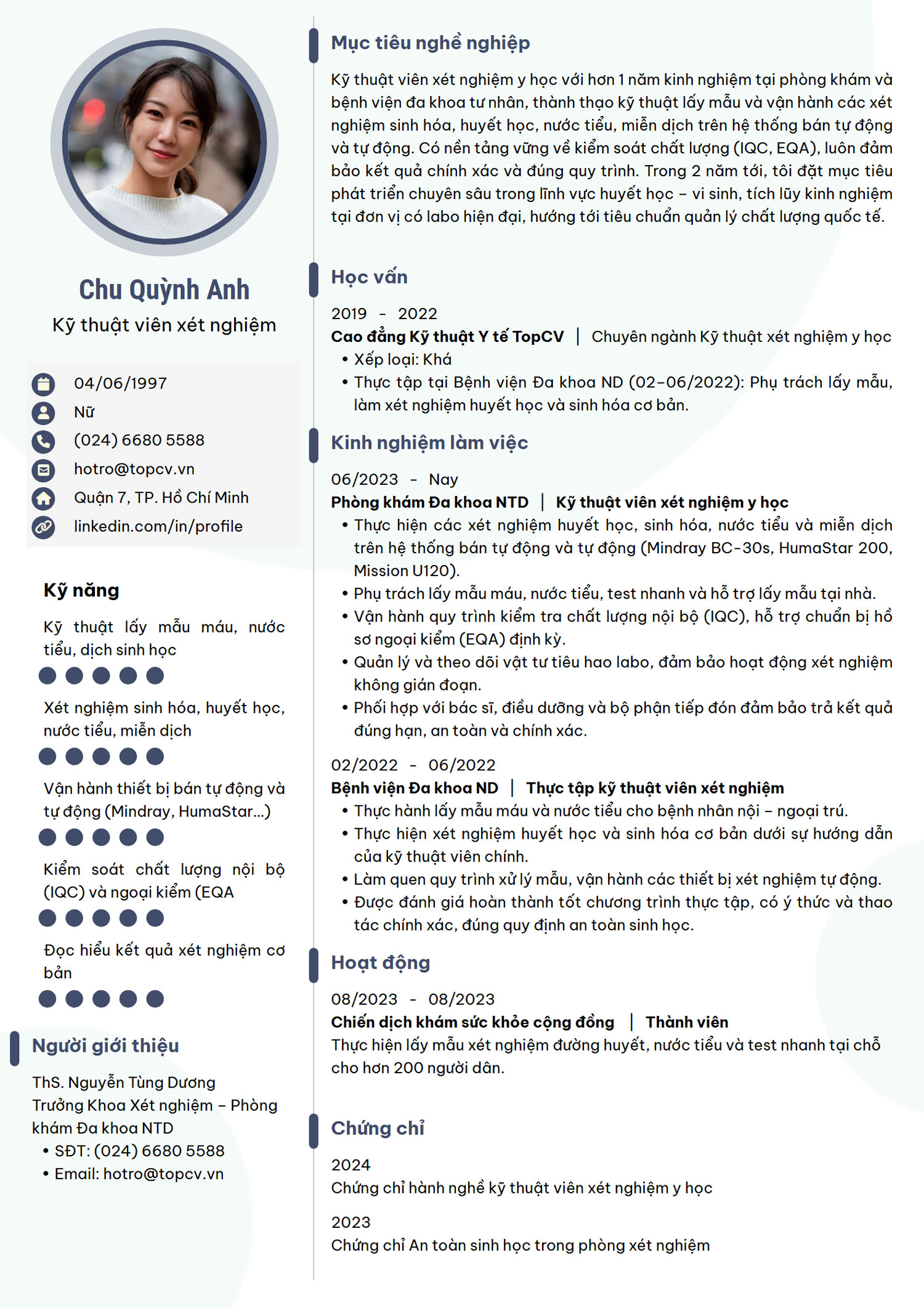 Mẫu CV Kỹ thuật viên xét nghiệm chuẩn, chuyên nghiệp