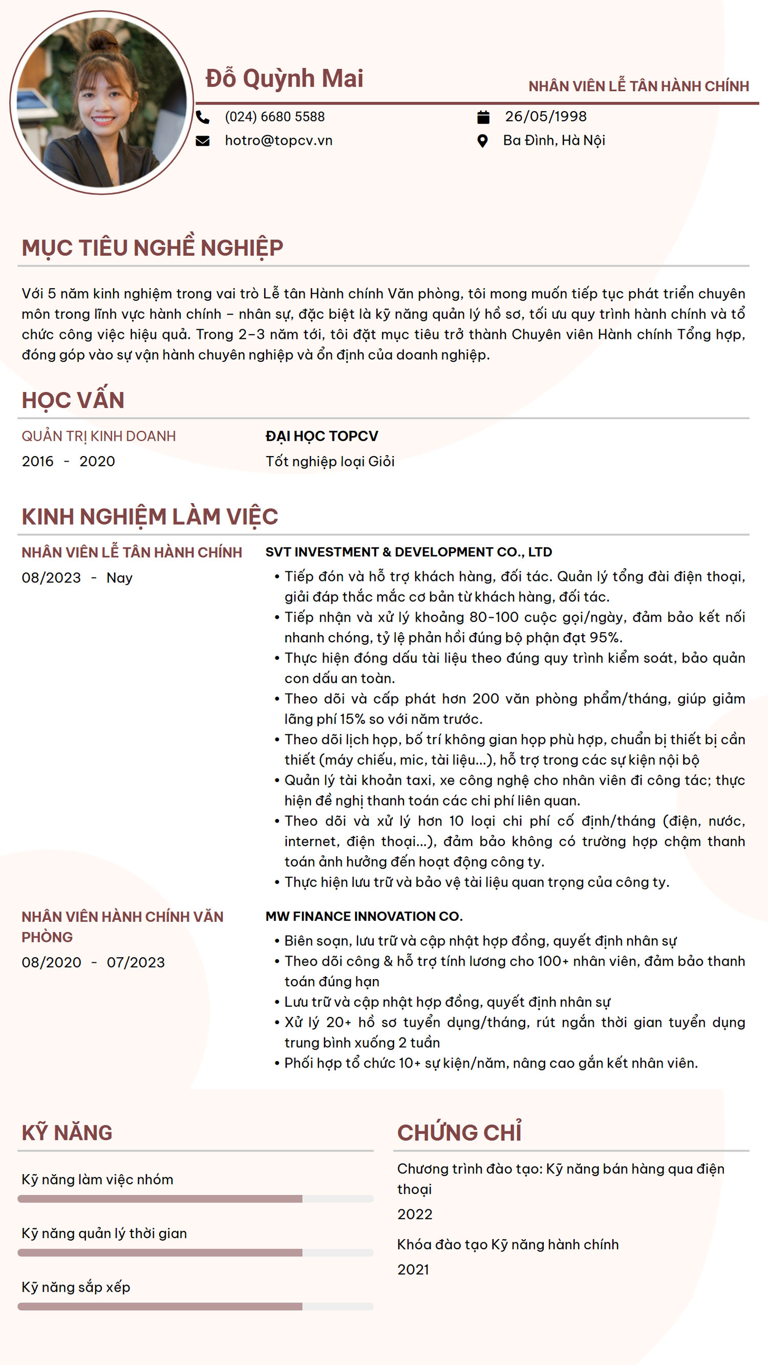 Mẫu CV Nhân viên lễ tân hành chính