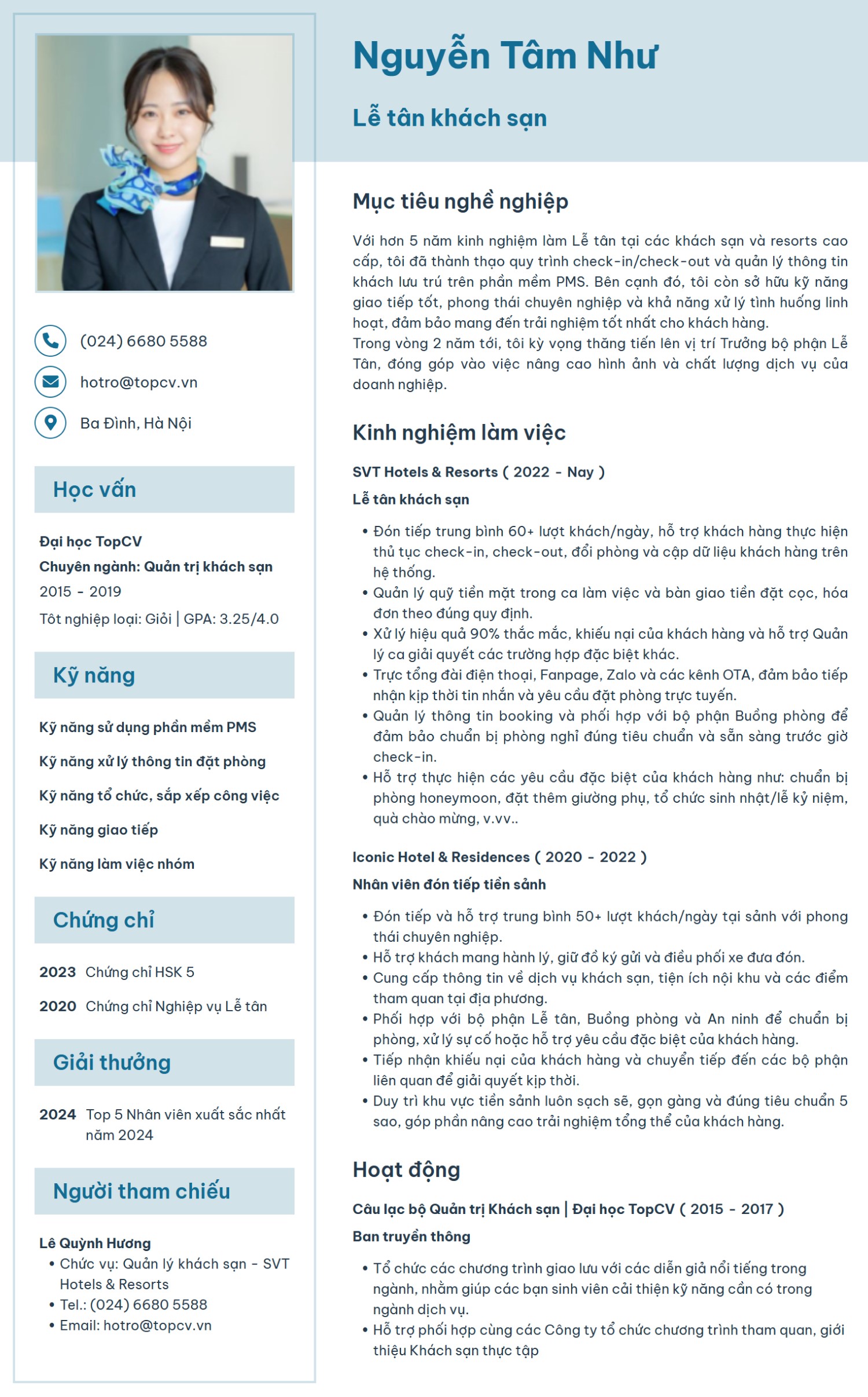 Mẫu CV Lễ tân khách sạn hiện đại