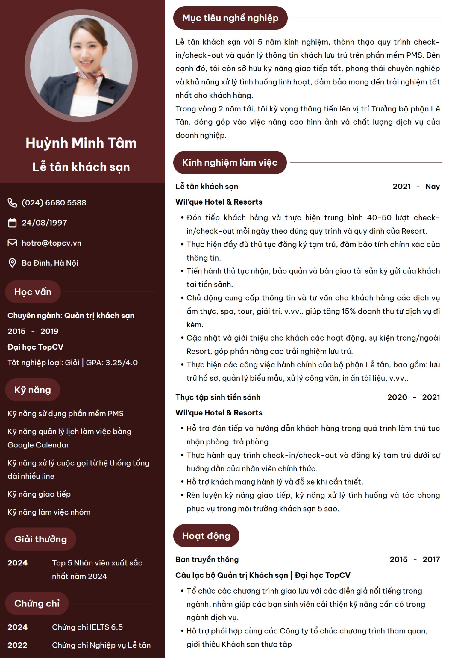 Mẫu CV Lễ tân khách sạn ấn tượng