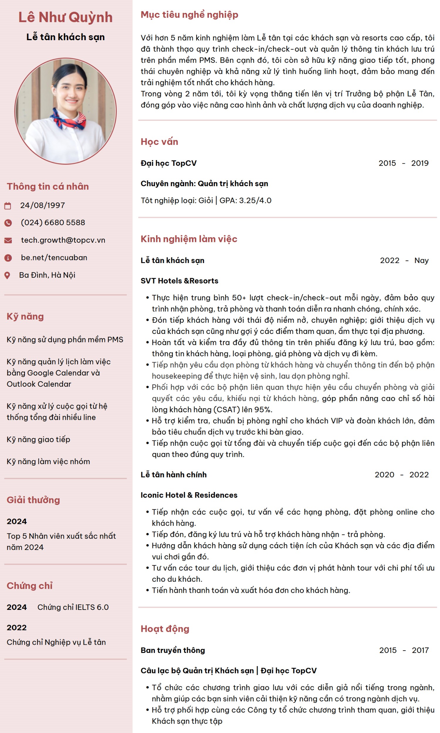 Mẫu CV Lễ tân khách sạn chuyên nghiệp