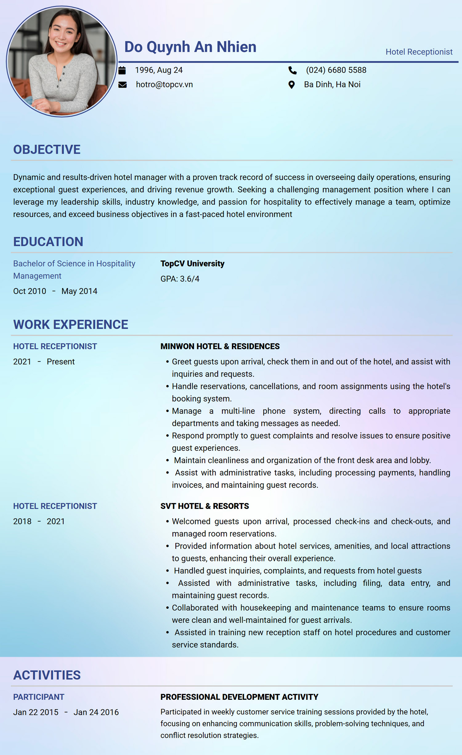 Mẫu CV Lễ tân khách sạn tiếng Anh