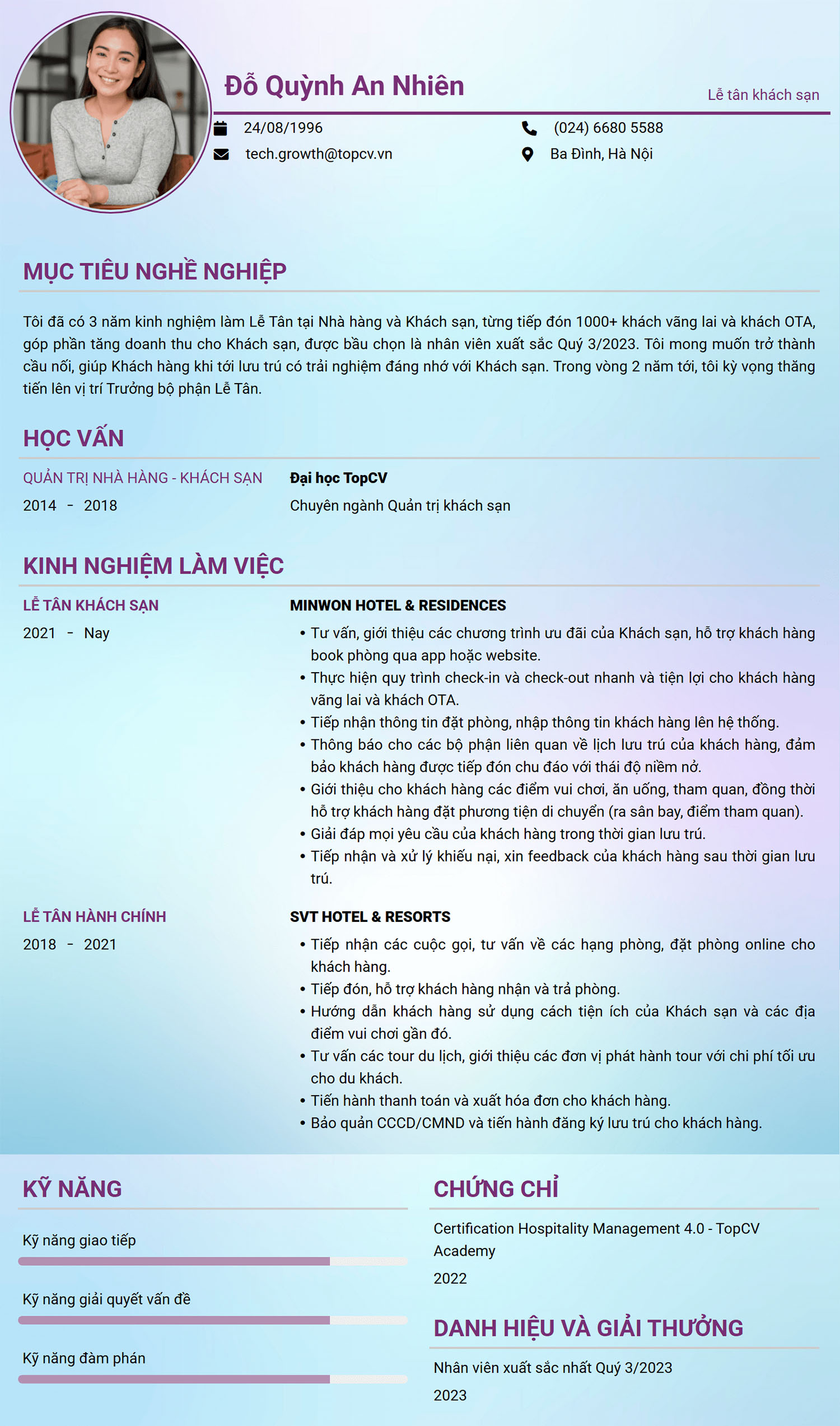 Mẫu CV Lễ tân khách sạn