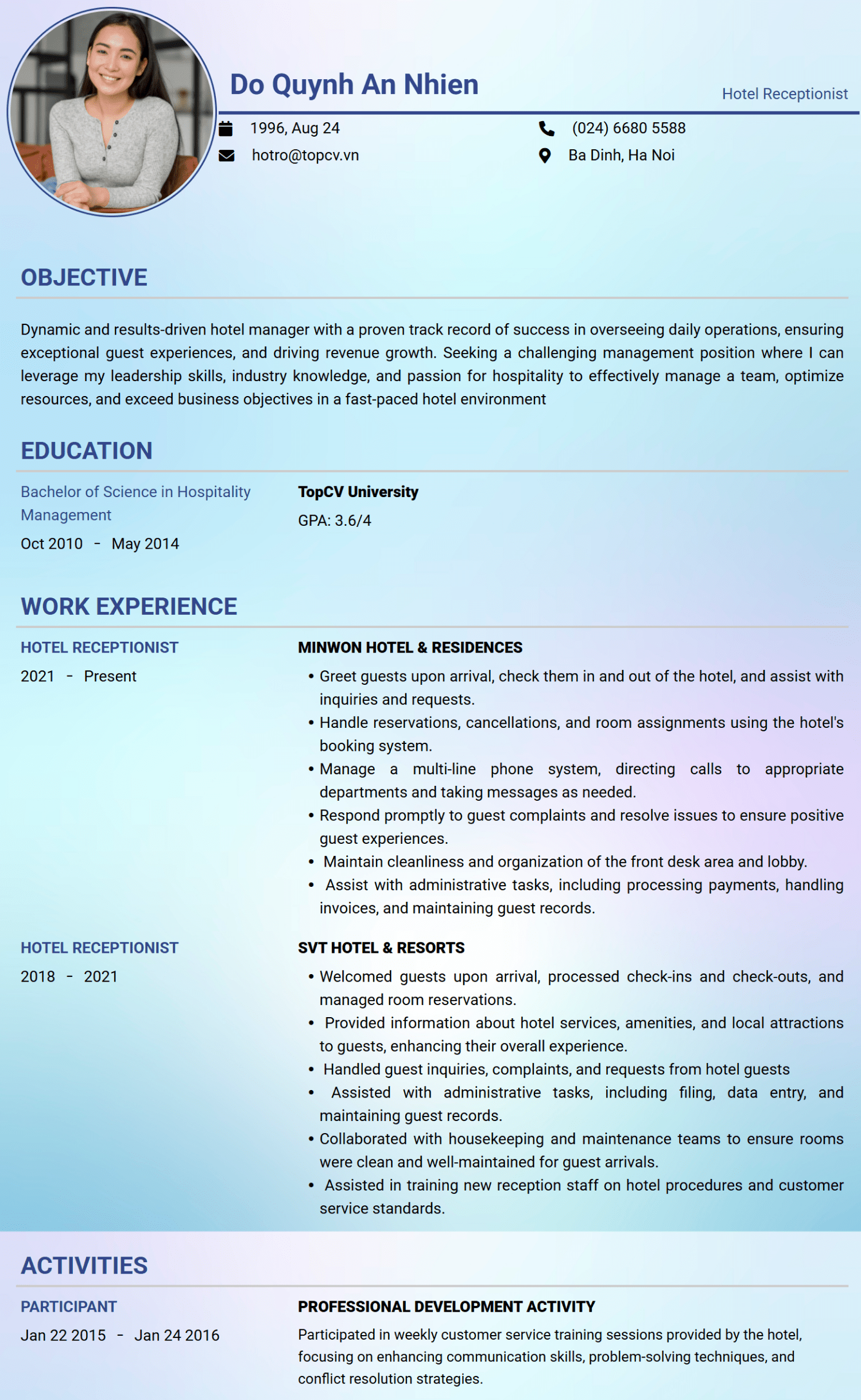 Mẫu CV Lễ tân khách sạn tiếng Anh