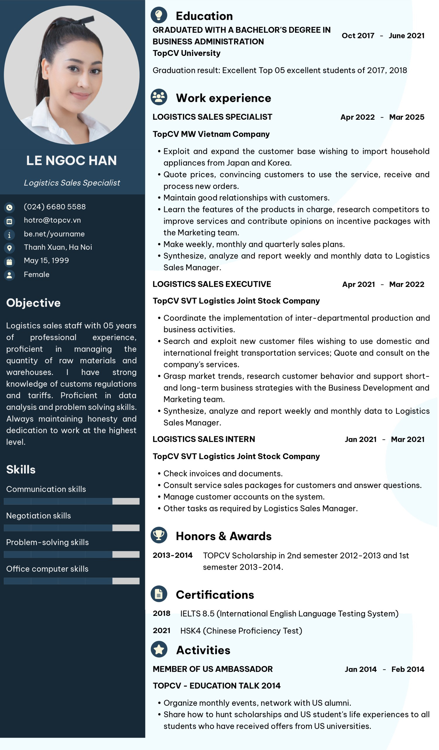Mẫu CV Logistics Sales tiếng Anh