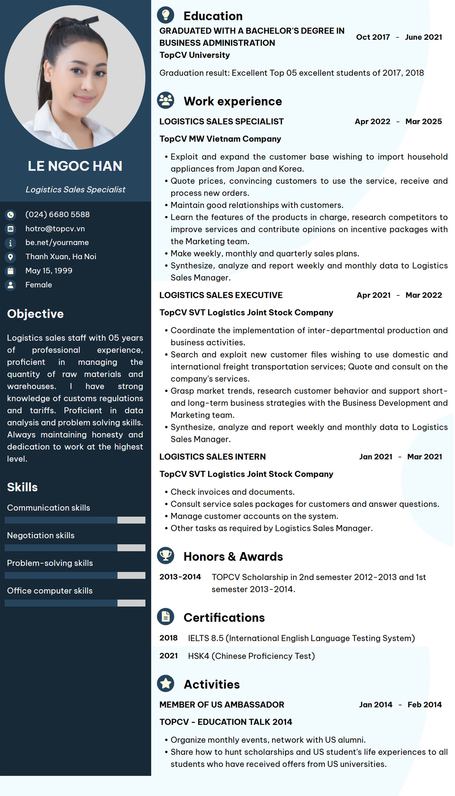 Mẫu CV Sales Logistics tiếng Anh
